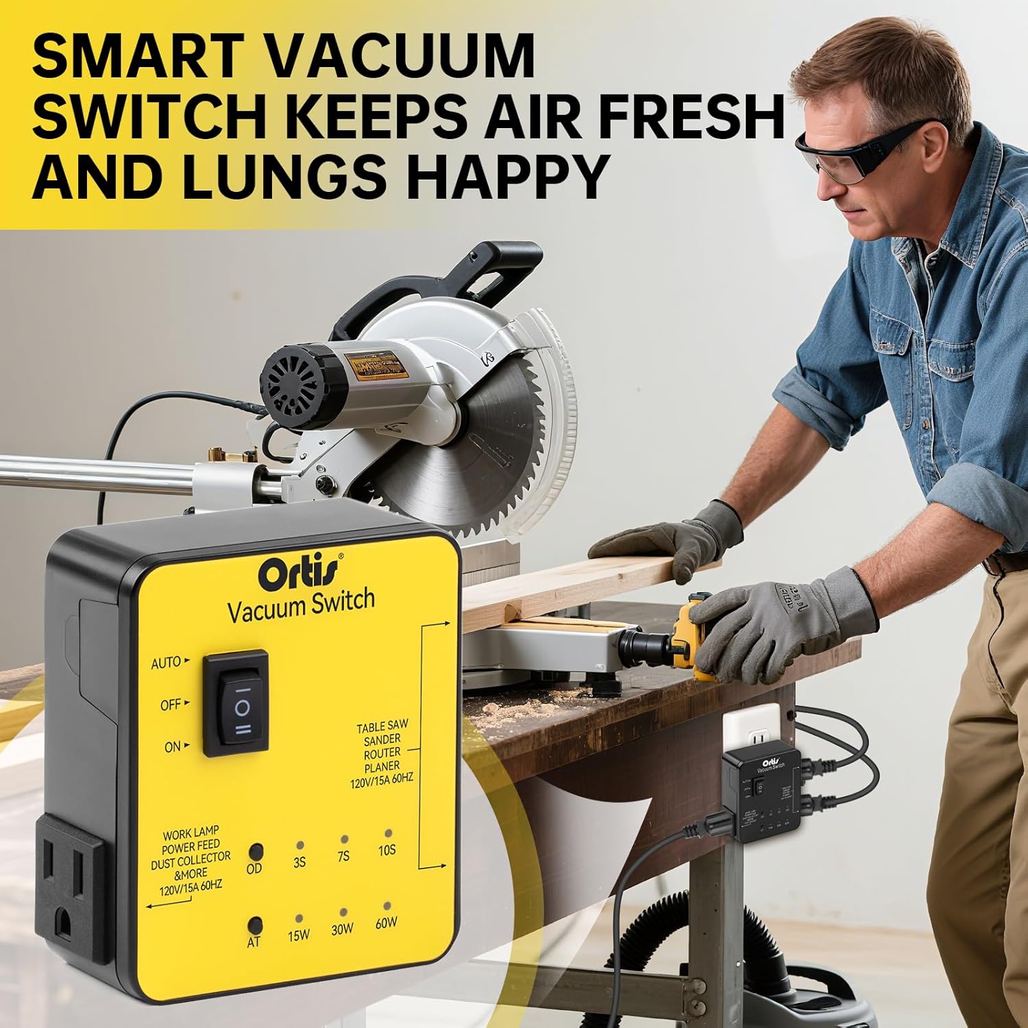 Automatic Vacuum Switch, Ortis Plug in Dust Control Autoswitch for 2 Power Tools, Auto/On/Off Modes, Adjustable Start & Delay-Off for Cleaner Air, Smoother Workflow, Yellow HVC-14Y