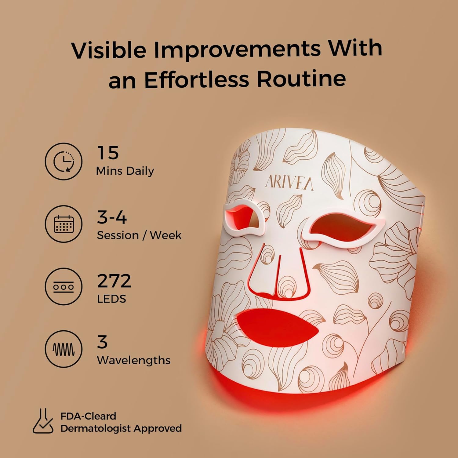 ARIVEA Red Light Therapy Mask for Face – Infrared Wireless LED Face Mask with 3 Modes, Portable Cordless Anti-Aging Light Therapy for Wrinkle Reduction, Acne Care & At-Home Skin (White)