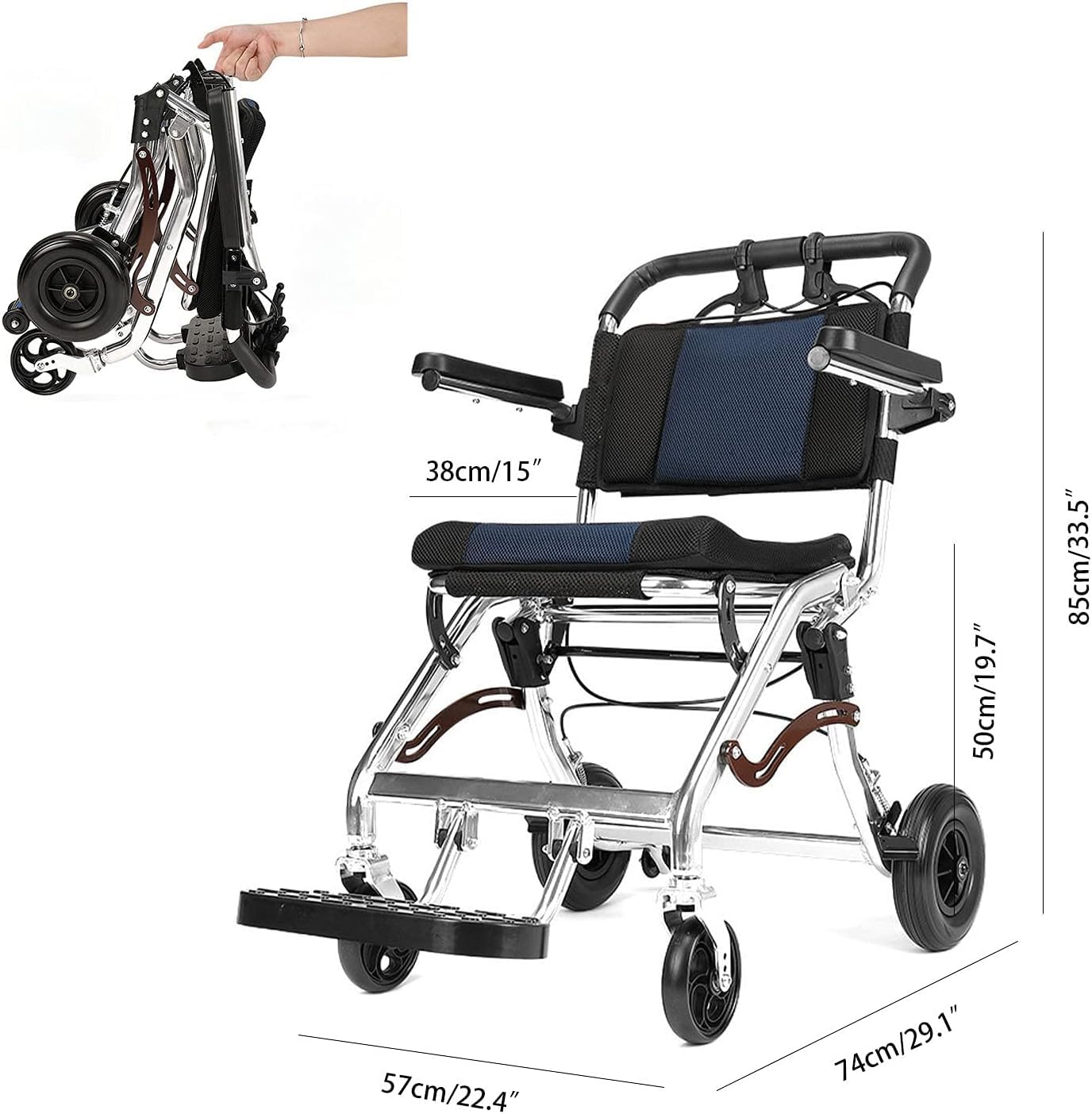 Silla de ruedas plegable portátil con freno de mano, ruedas traseras de 8 ", silla de ruedas de viaje ultraligera con reposabrazos abatible para ancianos