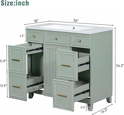 Miniatura 2 de LUMISOL Tocador de baño de 36 pulgadas con parte superior del fregadero, gabinete de lavabo de baño de madera maciza con 3 cajones y 1 puerta,