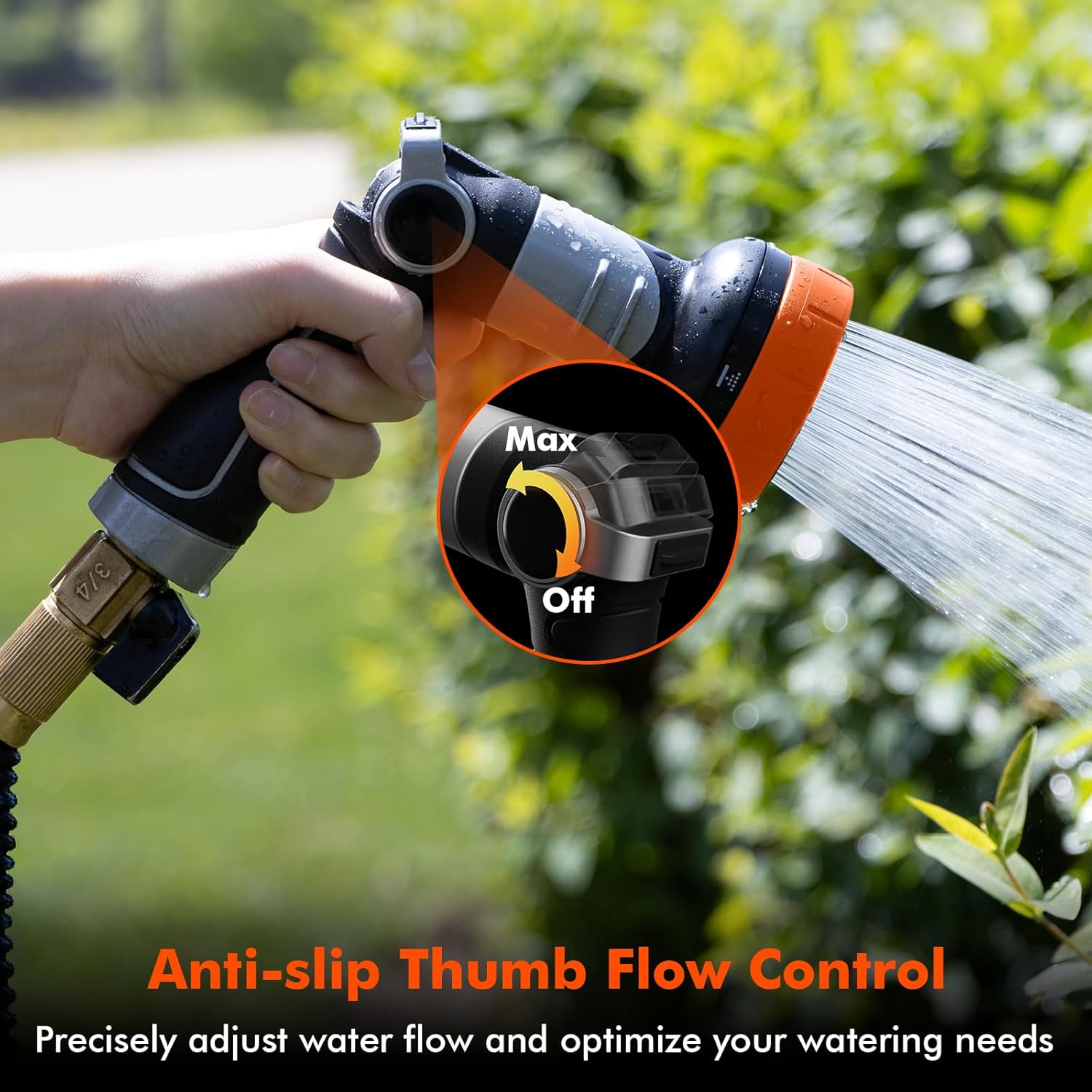 Hand operating the thumb flow control on the RESTMO hose nozzle