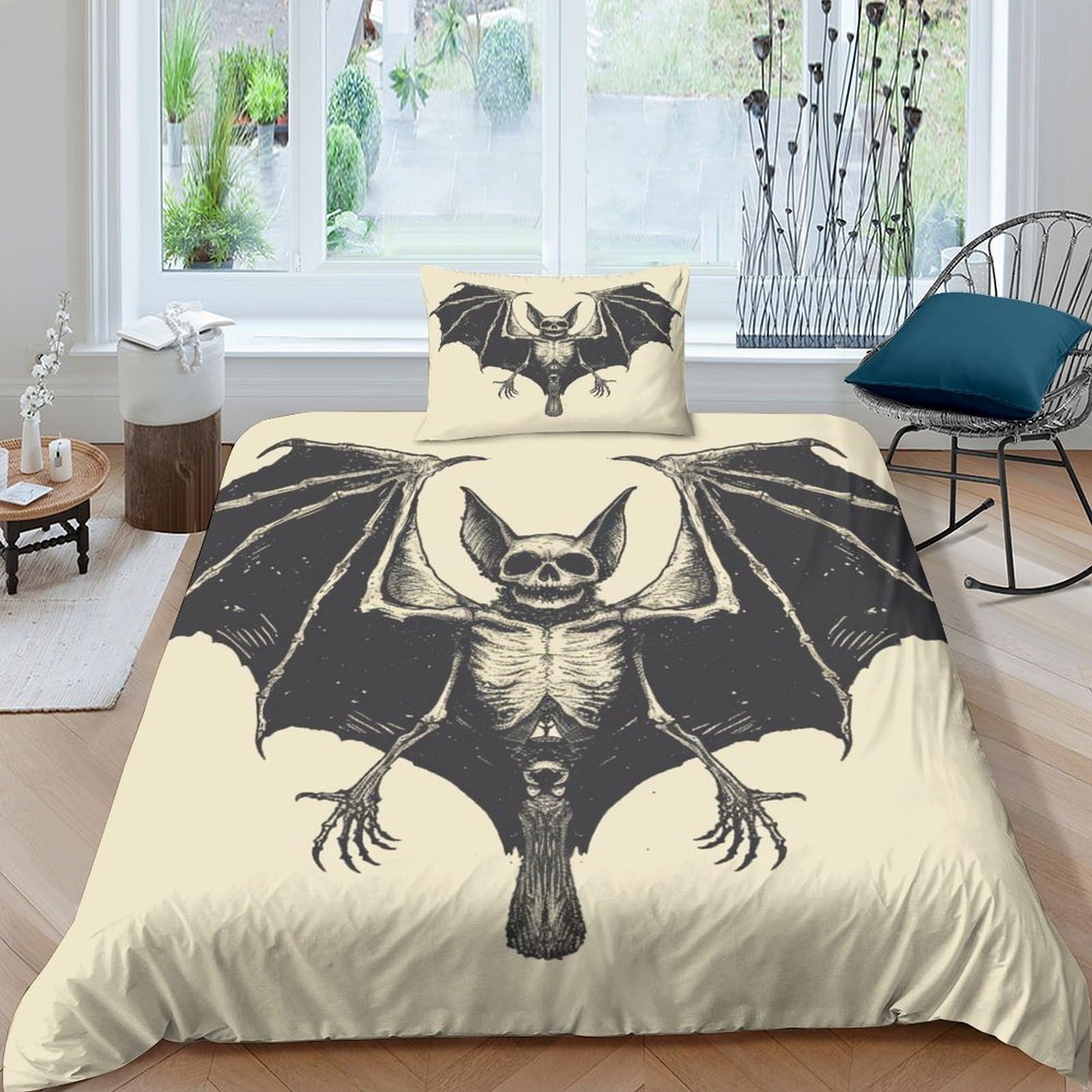 BARDYS Bat 3D Print Skeleton Quilt Cover Duvet Cover for Boys Girls Comforter Covers Bedding Set Soft Microfiber with Zipper Closure with Pillow Cases 3 Pieces Single（135x200cm）