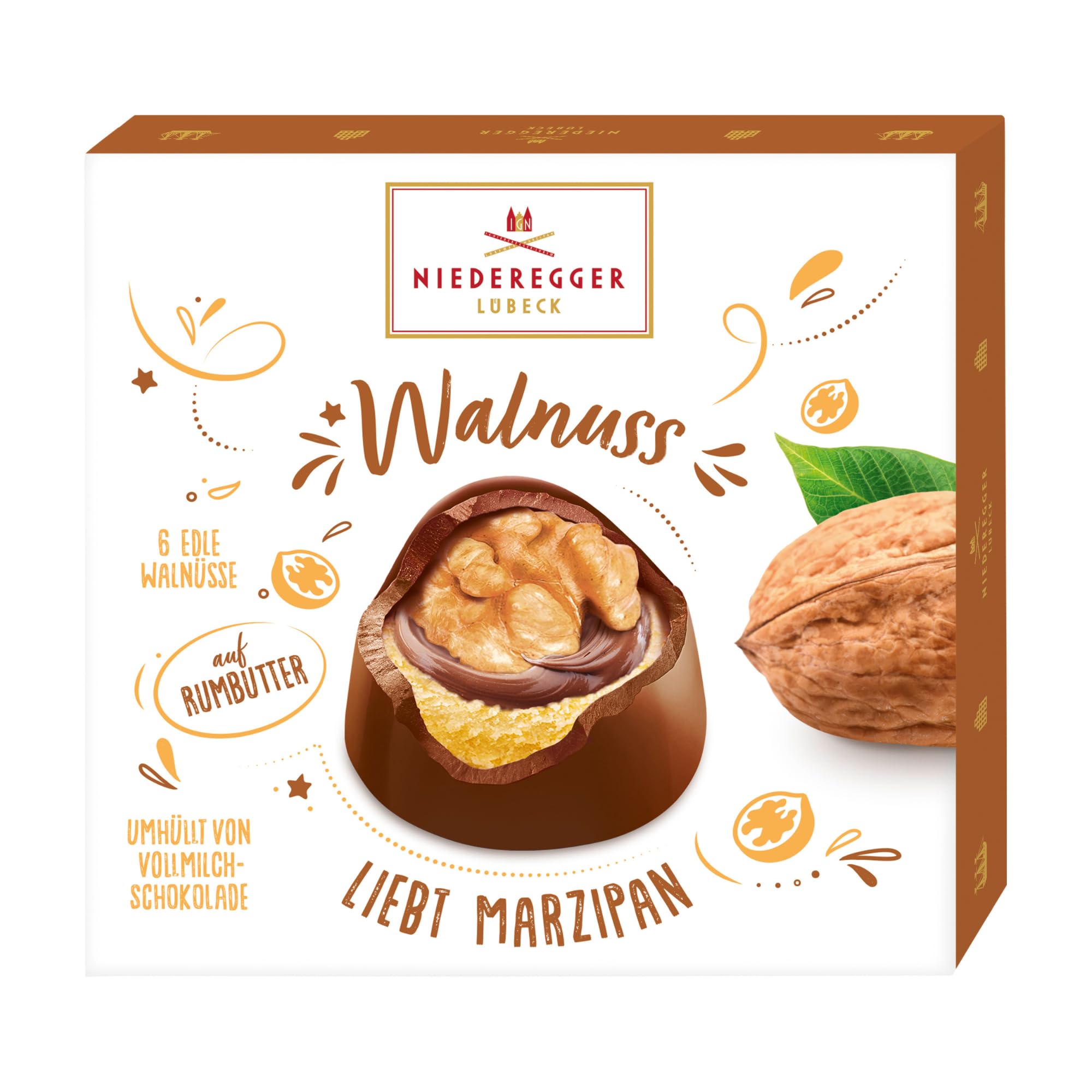 Niederegger Walnut Marzipan Pralines Covered with Milk Chocolate, 102g (3.5oz) | 6 pieces per Box
