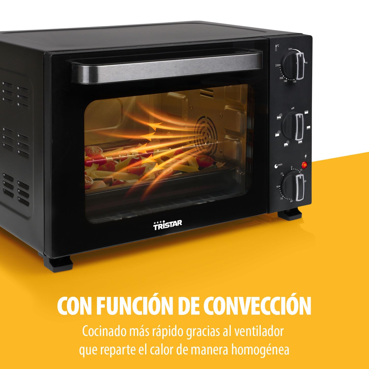 Tristar Horno de Convección, 27L Capacidad, 1500W, 6 Funciones, Temporizador 90 Min, Termostato 90–230 °C, Puerta Doble Cristal, Luz Interior, Accesorios Incluidos, OV-3627