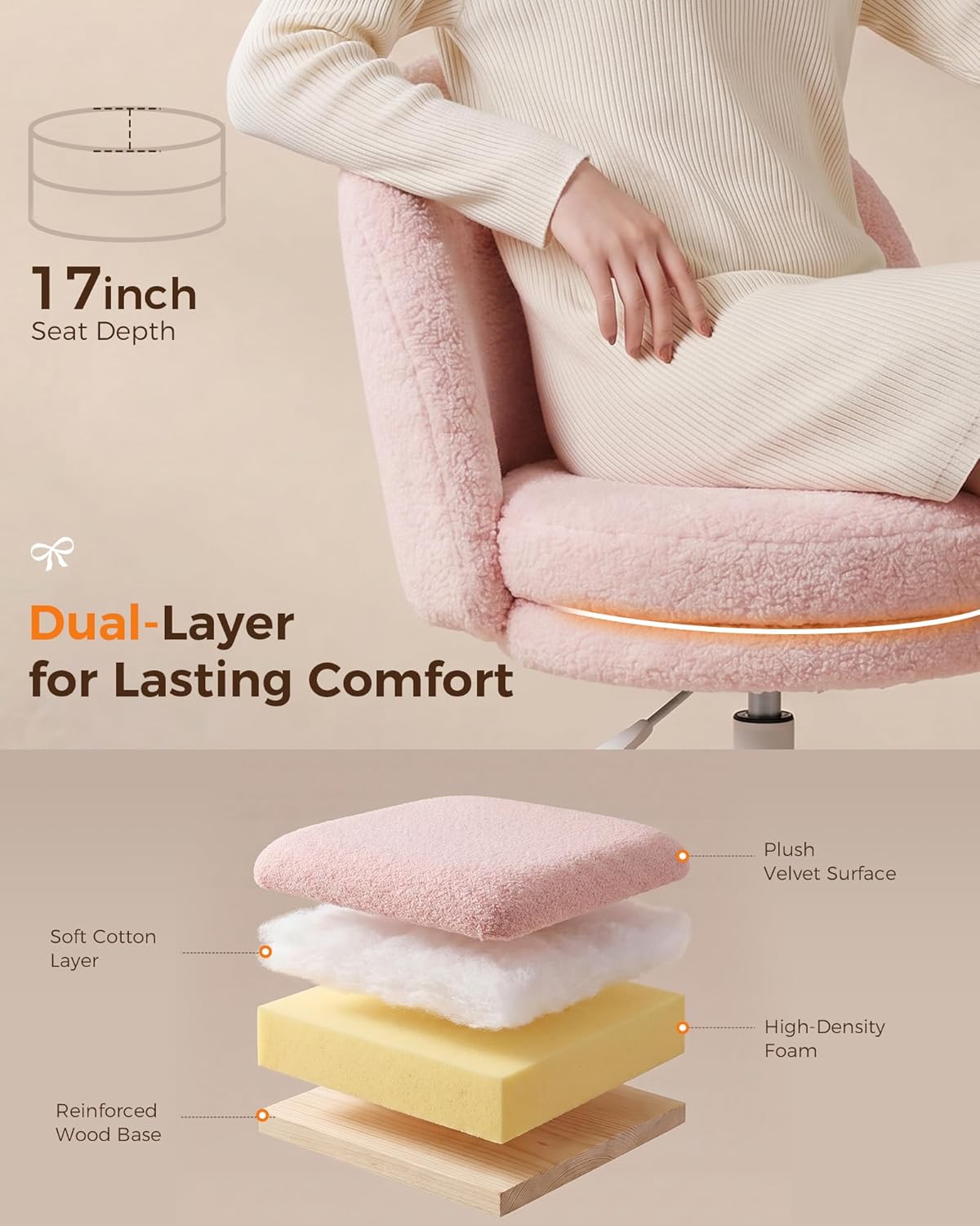 GTPLAYER Velvet Tall Office Chair with Wheels Vanity Chairs with Back, Versatile Height Use: Office to Bar Stools Small Ergonomic Comfy Armlees Computer Desk Chair with Bow Lumbar Pillow for Gift