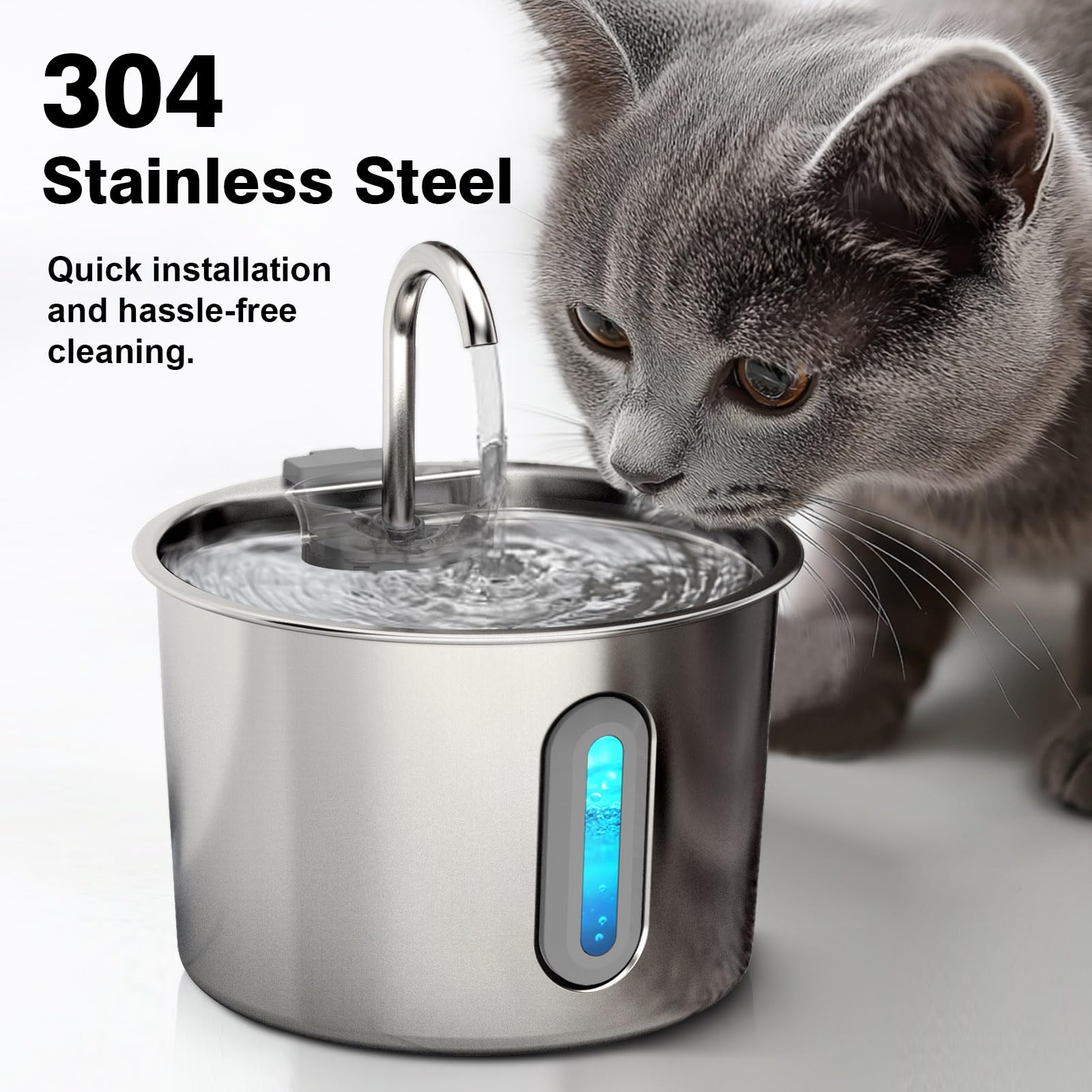 Fuente de agua para gatos, fuente de agua para gatos de 74 onzas/2.2 L para beber – Fuente de agua para mascotas de acero inoxidable para gatos en el interior – Dispensador silencioso de cuenco