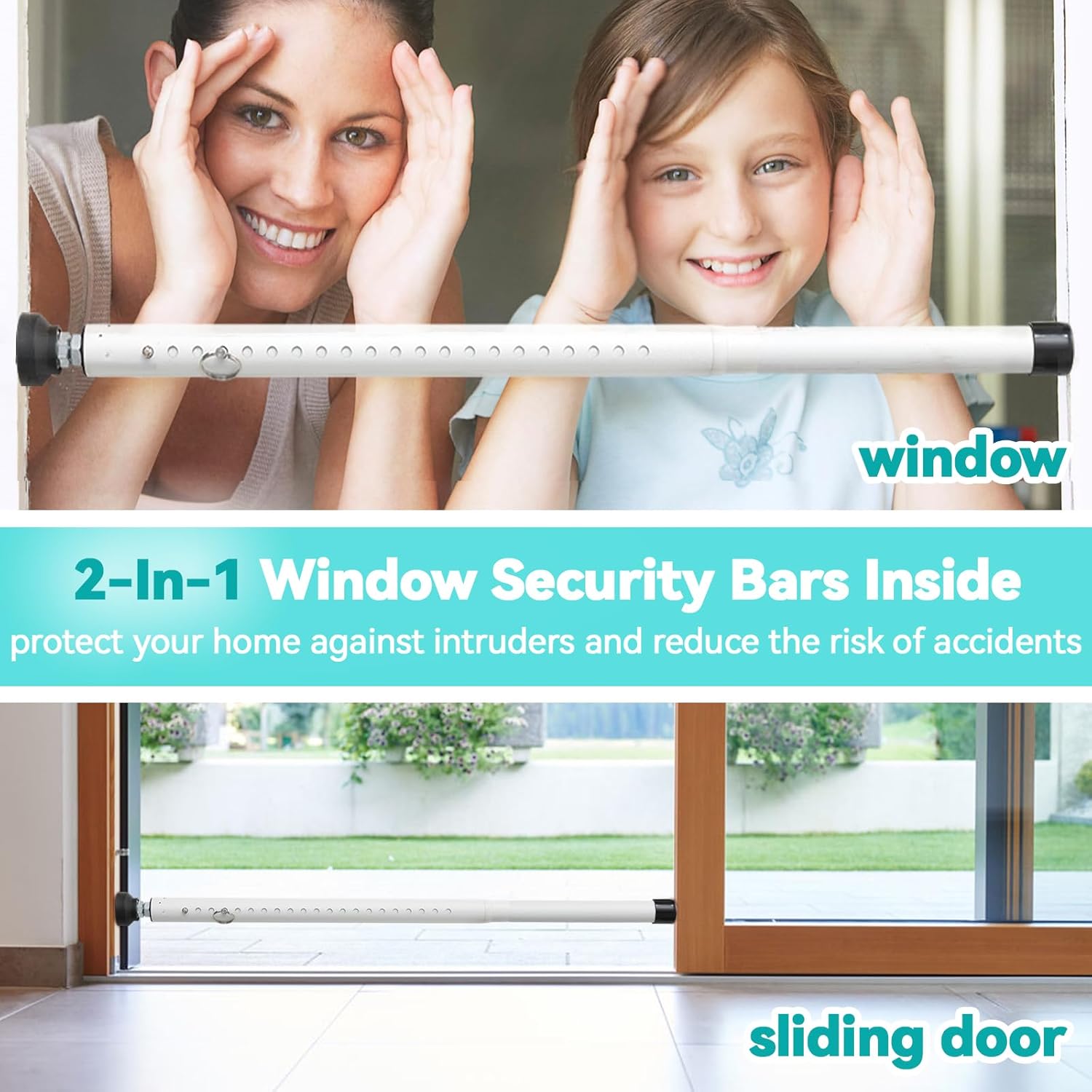 Window Security Bars, 18"-51" Adjustable Window Bars Security Inside, Burglar Bars for Home Safety, Window Stoppers for Up and Down Windows, Sliding Glass Door, Window Jammer Stick Vertical, 2 Pack