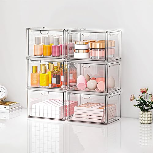 Miniatura 8 de Cajones apilables Stroage, organizador de maquillaje acrílico, contenedores de almacenamiento de plástico para tocador, debajo del fregadero,