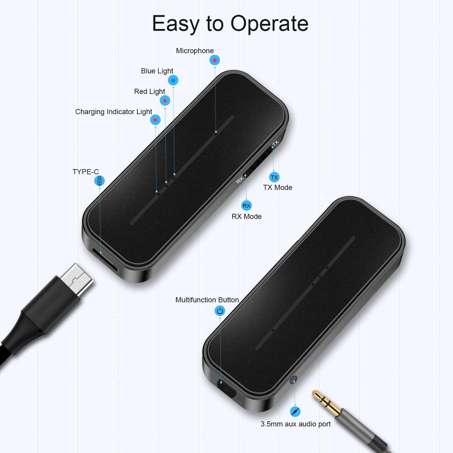 Bluetooth 5.0 Aux Music Adapter - Portable Wireless Bluetooth Transmitter Receiver Supports Hands-Free Calls with Mic, Compatible with Car Audio | Home Stereo | Wired Headphones | TV, 4H Battery Life : Electronics