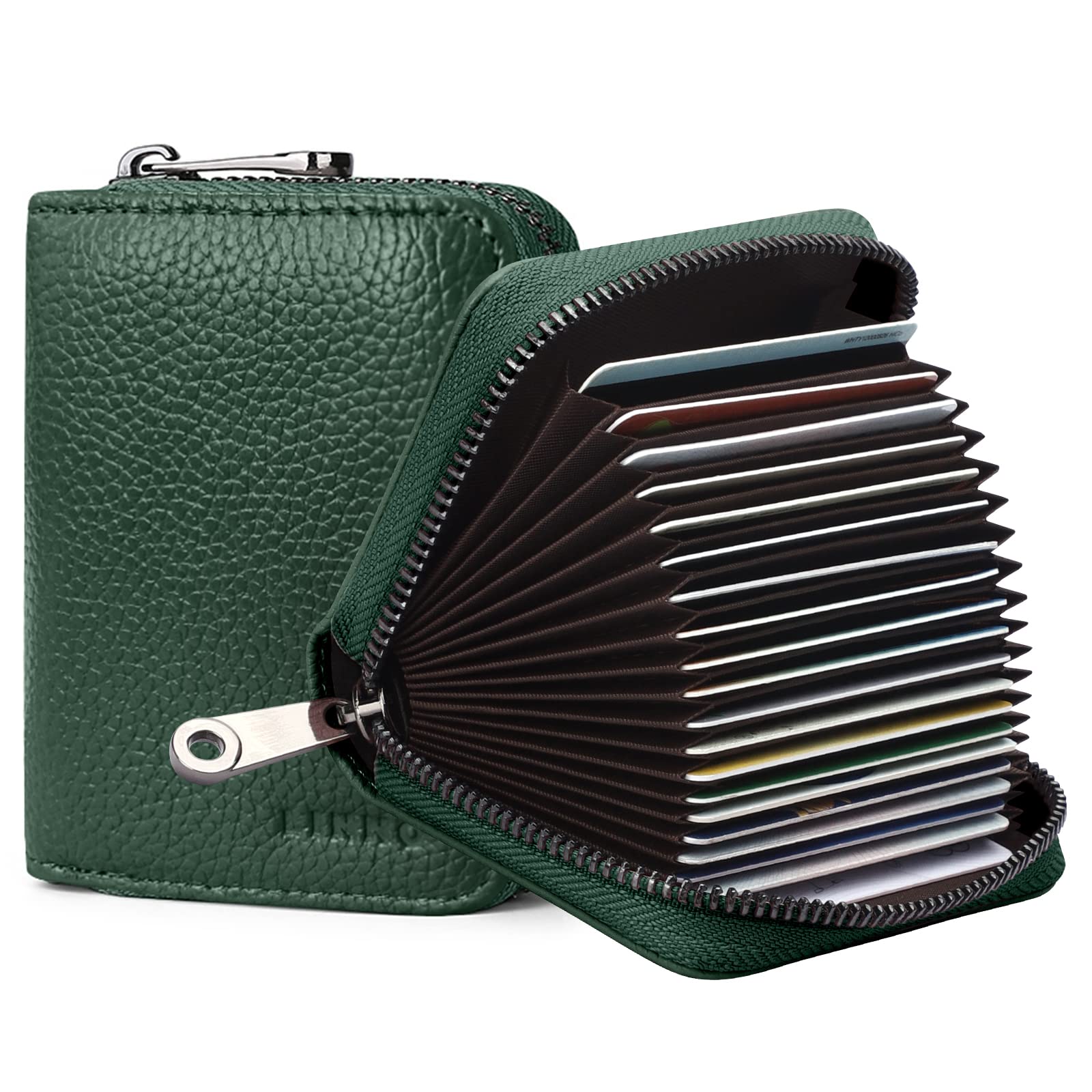 Linno RFID 20 Slots Credit Card Holder Genuine Leather Small Wallet for Women or Men with Zipper