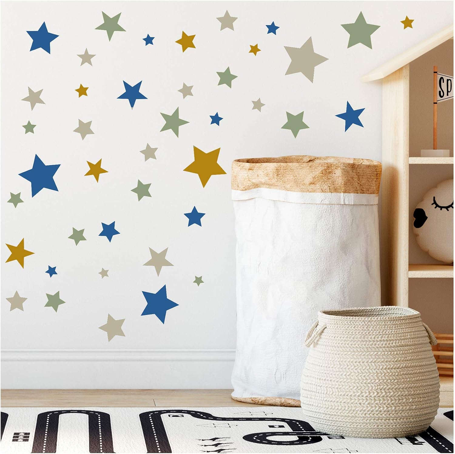 yabaduu 120 Star Stickers in Set on 4 DIN A4 Sheets Pastel Sticker Wall Stickers 9-2 cm Each Star Wall Sticker Decoration for Children's Room Baby Room for Boys Girls Y050-3 (Blue Green Mustard)