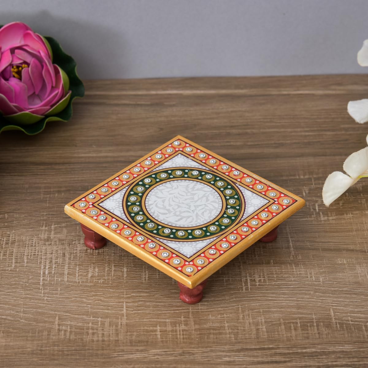 Designer Marble Pooja Chowki - Peacock & Flower Decor -6
