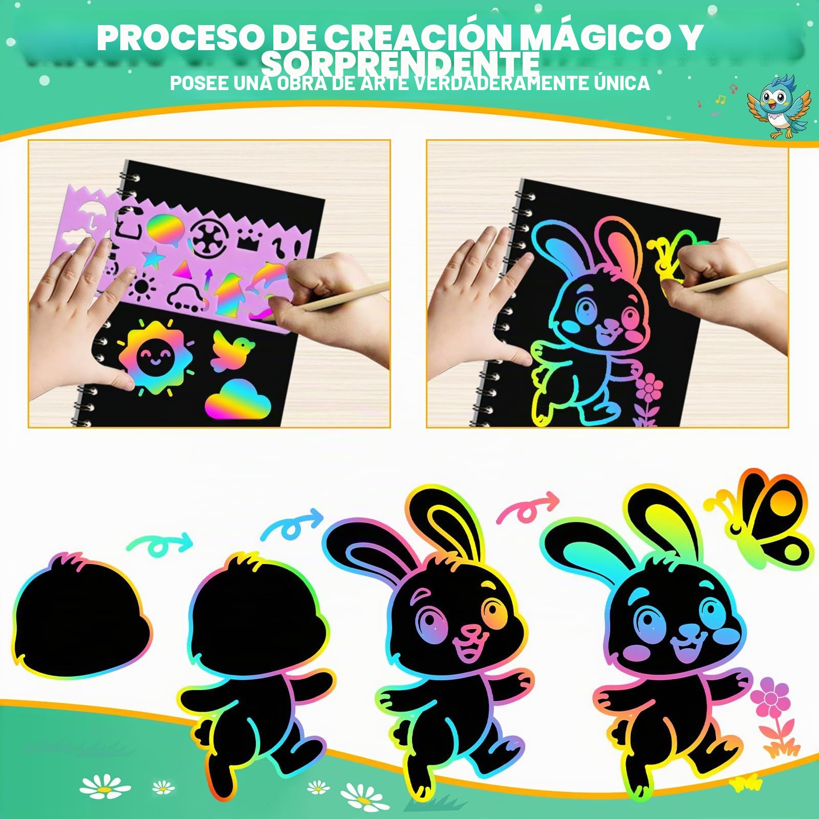 ZMLM 24 Libros Scratch Art Manualidades Kit con 24 Plantilla y Lápiz de Madera, Regalos Cumpleaños Niños Colegio, Detalles cumpleaños niños, Regalo niño y Niña Alumnos 3 a 12 Años