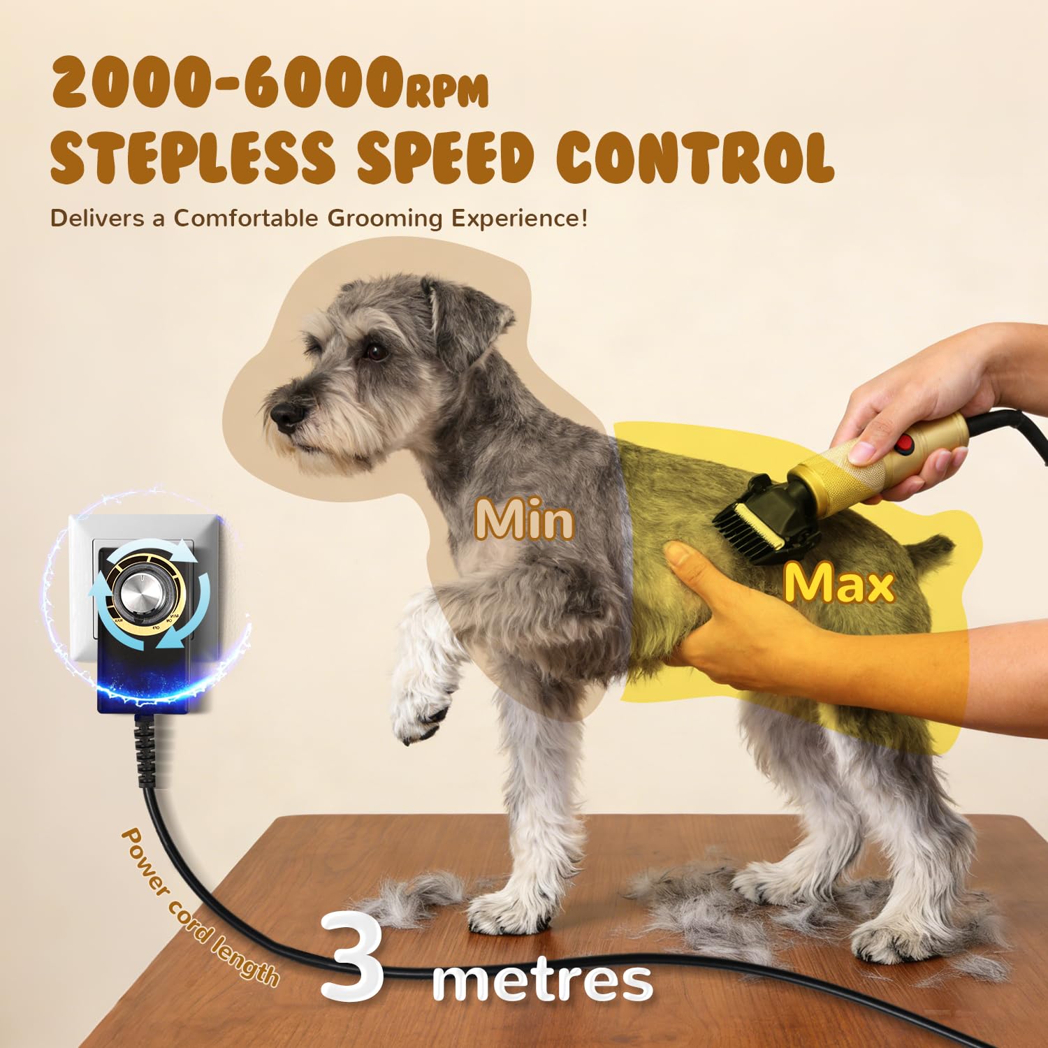CGOLDENWALL Leise Hundeschermaschine Profi 280W, 2000-6000U/min, <50dB, 3m Kabel, 2 Keramikklingen, 2 Aufsteckkämmen für Hunde, Katzen