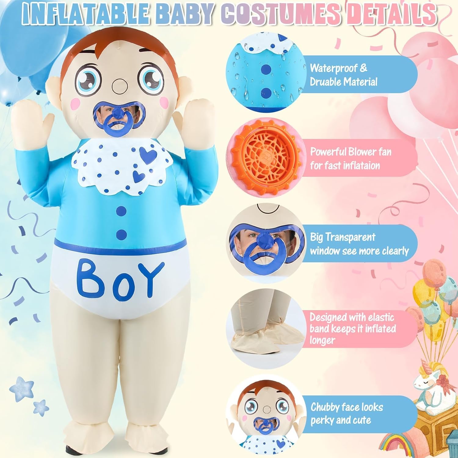 2PCS Inflatable Baby Costume for Adult Men Women Gender Reveal Boy or Girl Blue Pink Blow Up Baby Shower Outfit Funny Cosplay Party