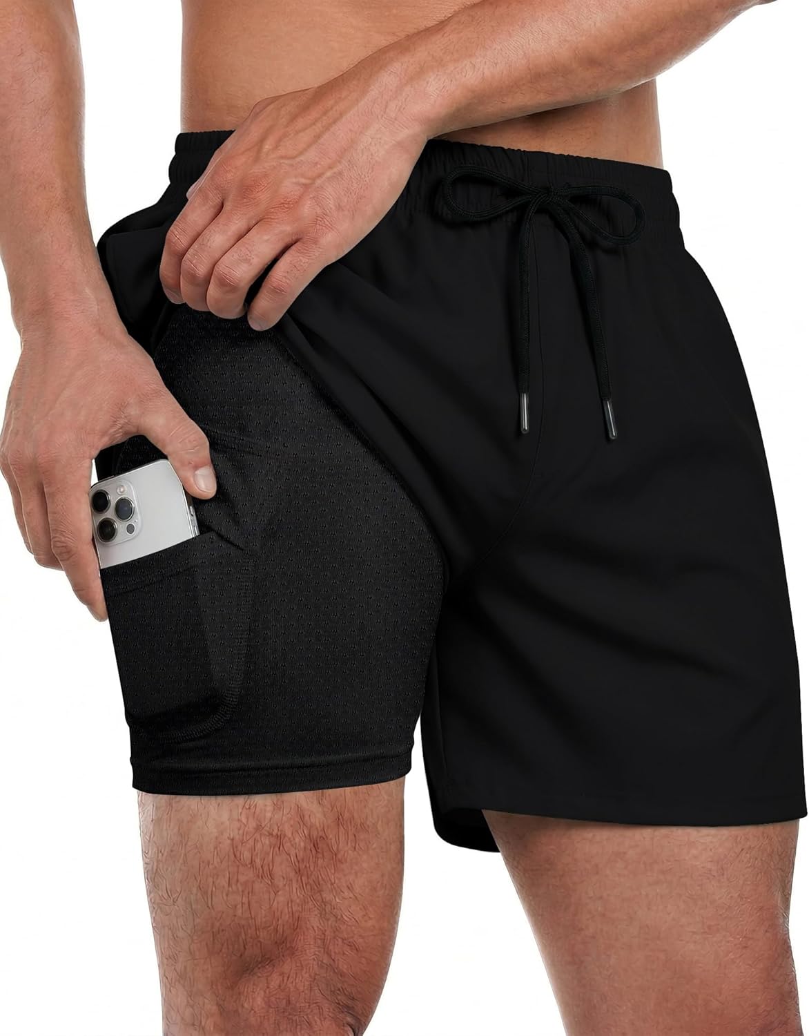 Men Swim Trunks with Compression 5 Inches Breathabe Liner Quick Dry Zipper Pockets for Board Beach Gym Running