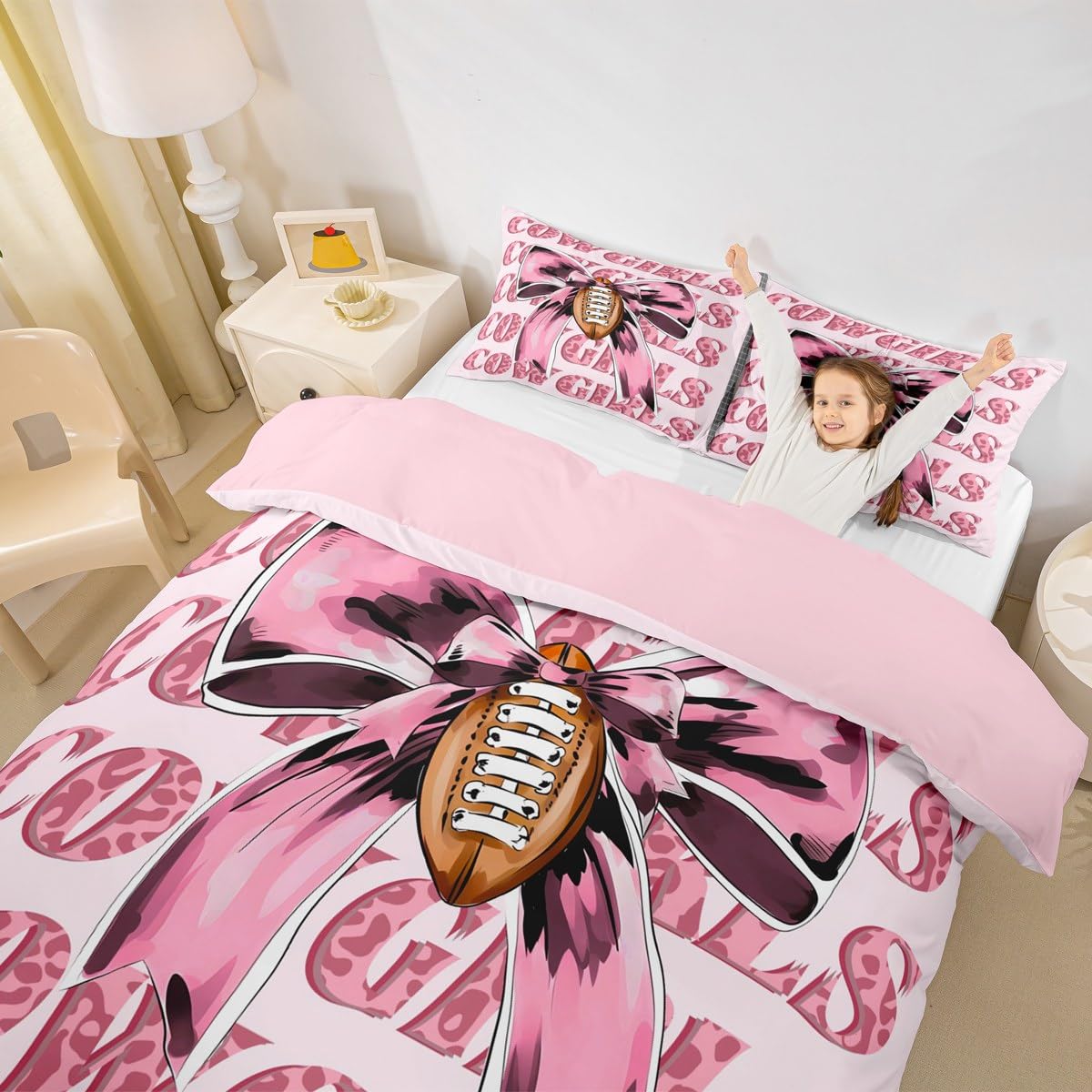 Homewish Różowa kokarda poszewka na kołdrę king size futbol amerykański zestaw pościeli dla dziewczynek dzieci zachodni kowboje kokarda krawat poszewka na kołdrę kawaii akwarela lampart nadruk pościel