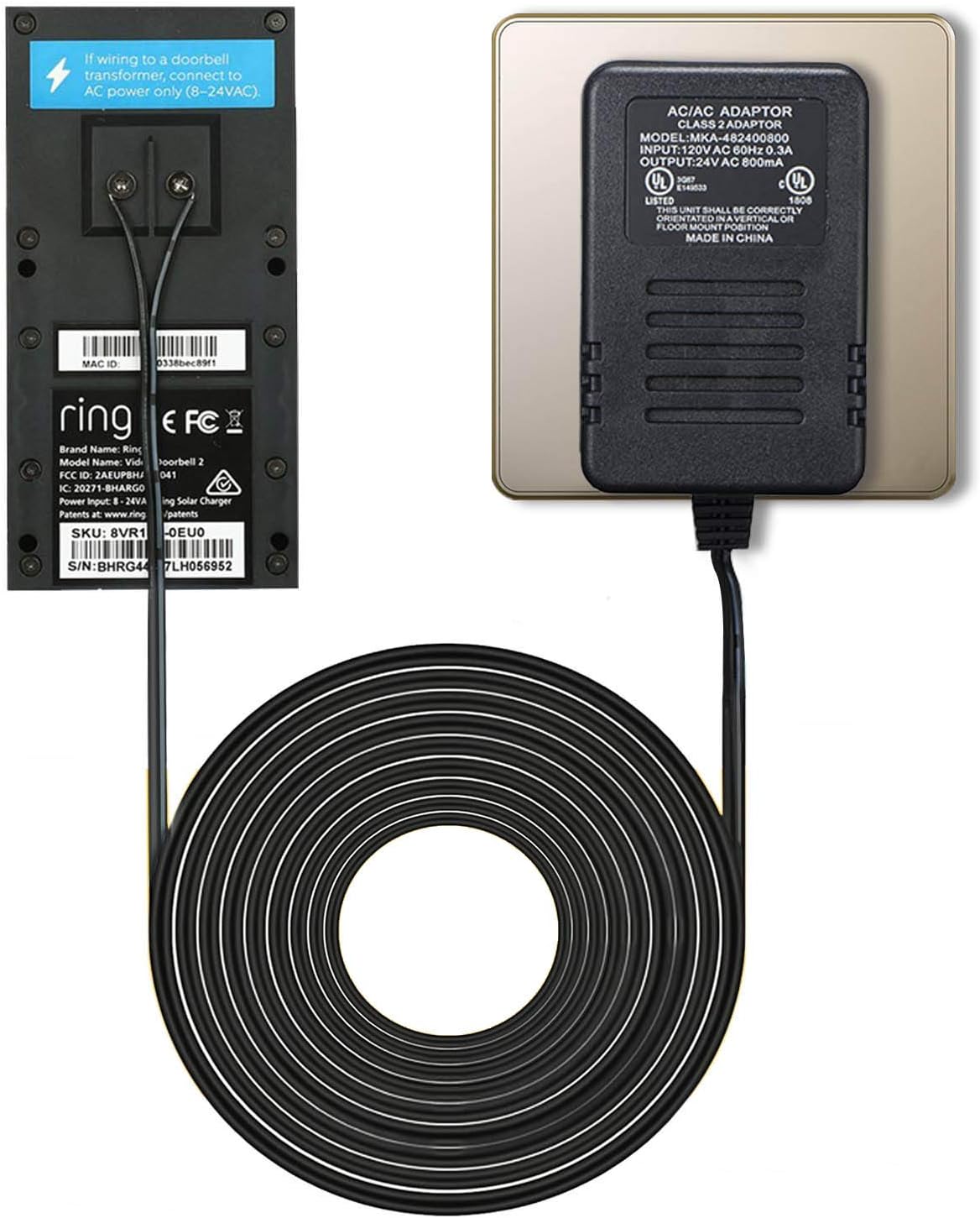 ODELENWA 24V Doorbell Transformer, Power Adapter Compatible with Smart Video Doorbells, UL Certified 1.8+3M Cable Power Supply, Black