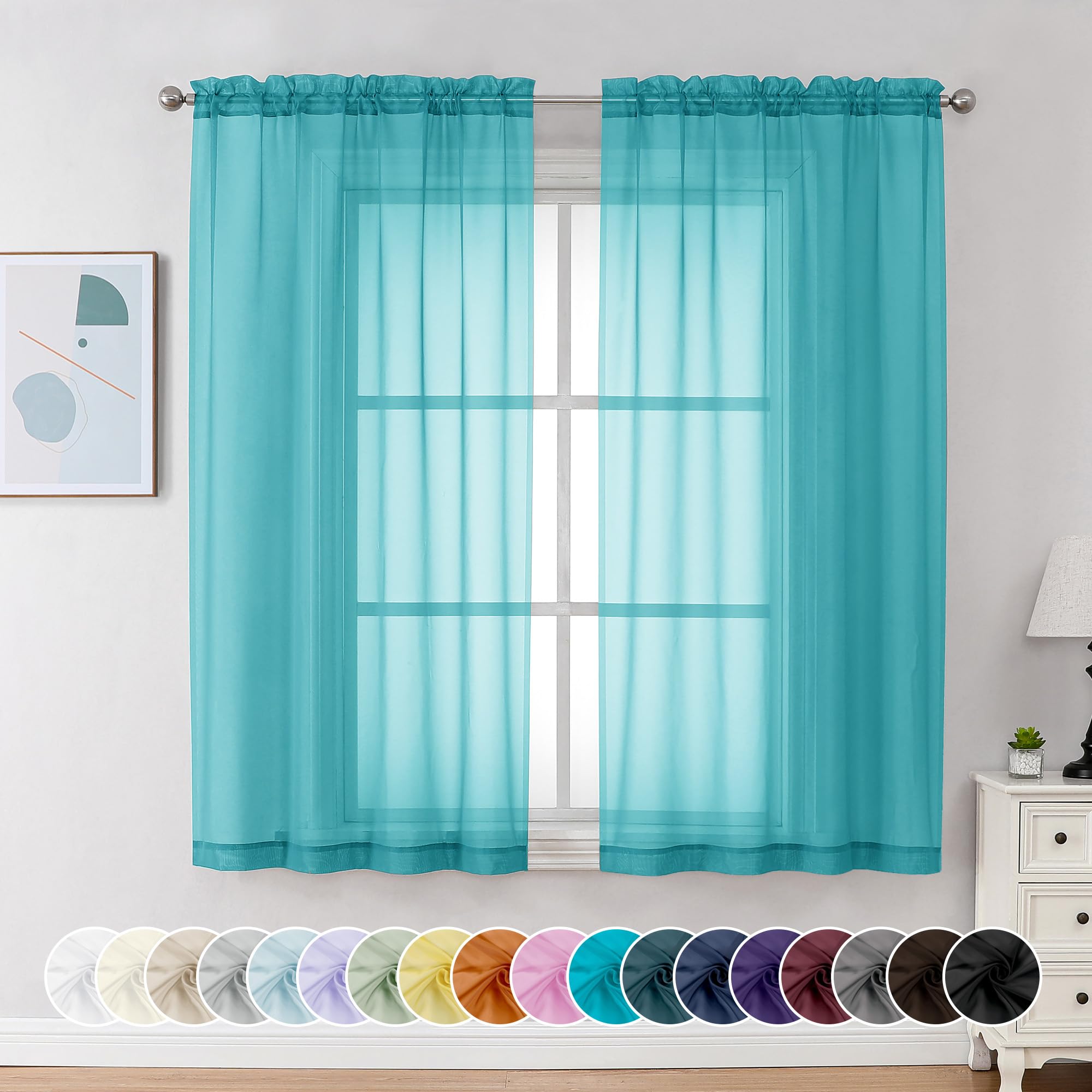 Chyhomenyc Turquoise Sheer Curtains 63 Inches Long 2 Panels Light Filtering Rod Pocket Treatment Curtains for Bedroom Living Room Each of 42