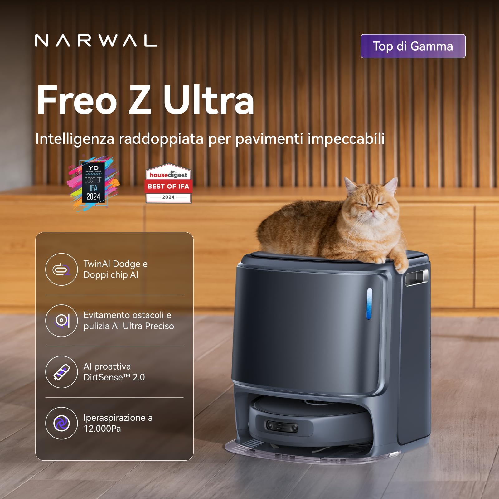 NARWAL Freo Z Ultra Robot Aspirapolvere e Lavapavimenti con Doppi Chip AI e Twin AI Dodge, Evitamento degli ostacoli AI Ultra-Preciso, Aspirazione 12000 Pa, Spazzola a Rullo Avvolgente Anti-pelo 2.0