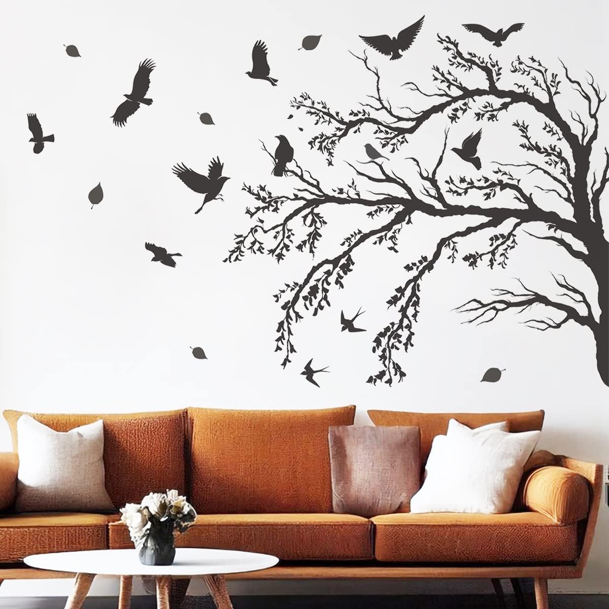 Black Tree Branch Flying Birds Wall Decal 44" × 31" DIY Birds Leaves Wall Stickers Peel & Stick Removable Vinyl Art Decals for Living Room Bedroom TV Background Wall Decor