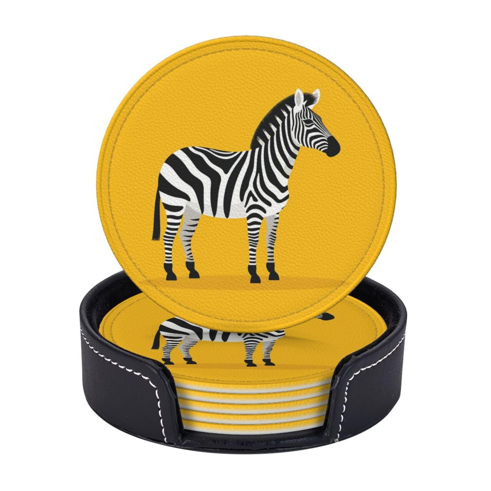 Coasters Set of 6 Leather Drink Coasters with Holder Simplified Zebra Coasters for Drinks Heat Resistant Coaster Round Coffee Cup Mat Pad for Kitchen Office Home Decor