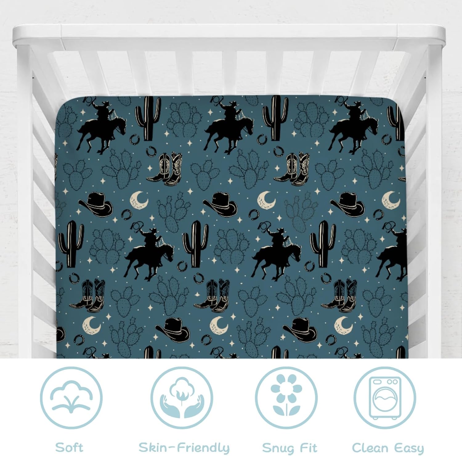 Vintage Western Cowboy Baby Crib Sheets 52''x28'' Cowboy Horse Boots Hat Cactus Moon Snug Fitted Crib Mattress Cover for Boy Girl Wild Plants Soft Baby Bed Sheet for Standard Crib Toddler Mattress