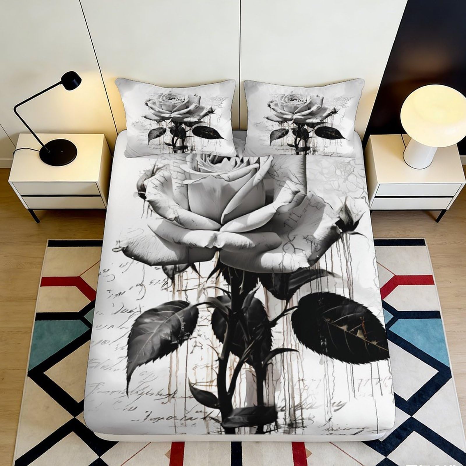 3D Printed Black White Rose Fitted Sheet Microfiber Soft Breathable Vintage Script Bed Cover for Bedroom Dormitory Guest Room Mattress Protection Decor 160x200x25cm