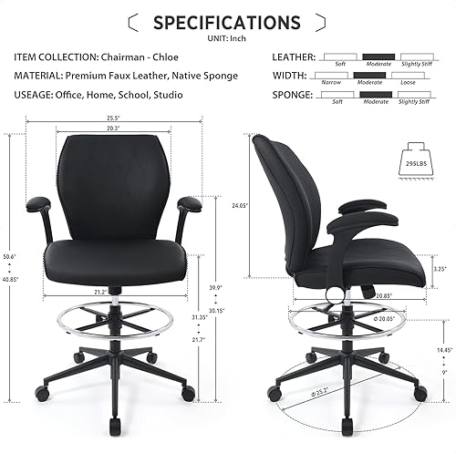 Miniatura 2 de Ergonomic Adjustable Drafting Chair Extra Tall Office Stool for Standing Desk, Mid Back Faux Leather Counter Height Comfortable Bar High Roll Tilt