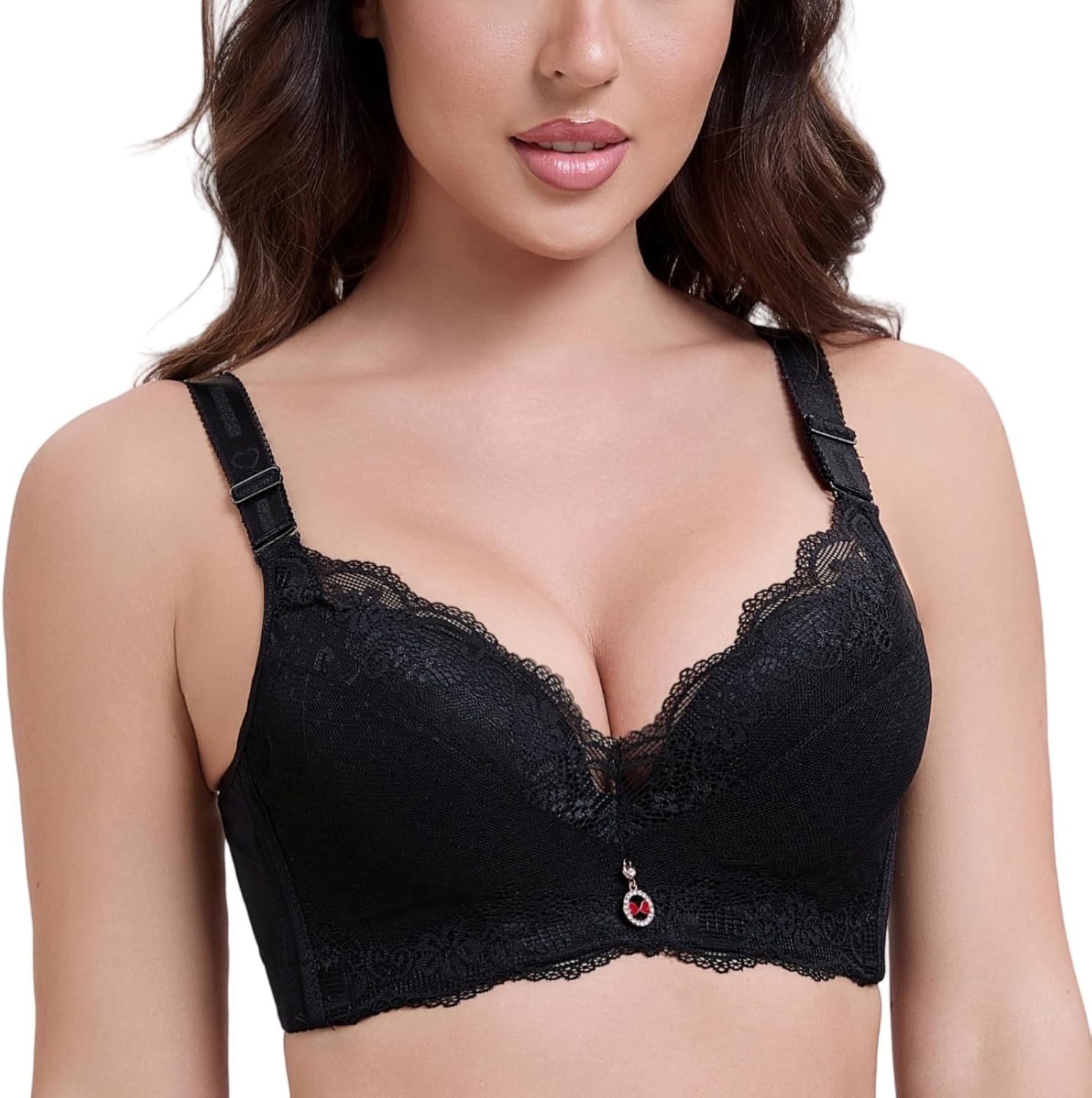 Push Up Bras for Women Padded Plus Size Bra Underwire Sexy Lace Bra Black 44D