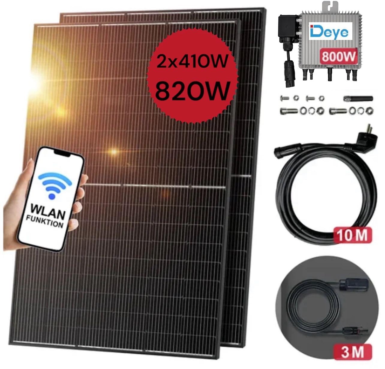 Generico Kit Fotovoltaico per Balcone da 820W, 4.19% di Efficienza, Grigio Argento, con Funzione WLAN e Inverter Micro da 800W, Include Staffa e Cavi da 10m e 3m, Facile Installazione