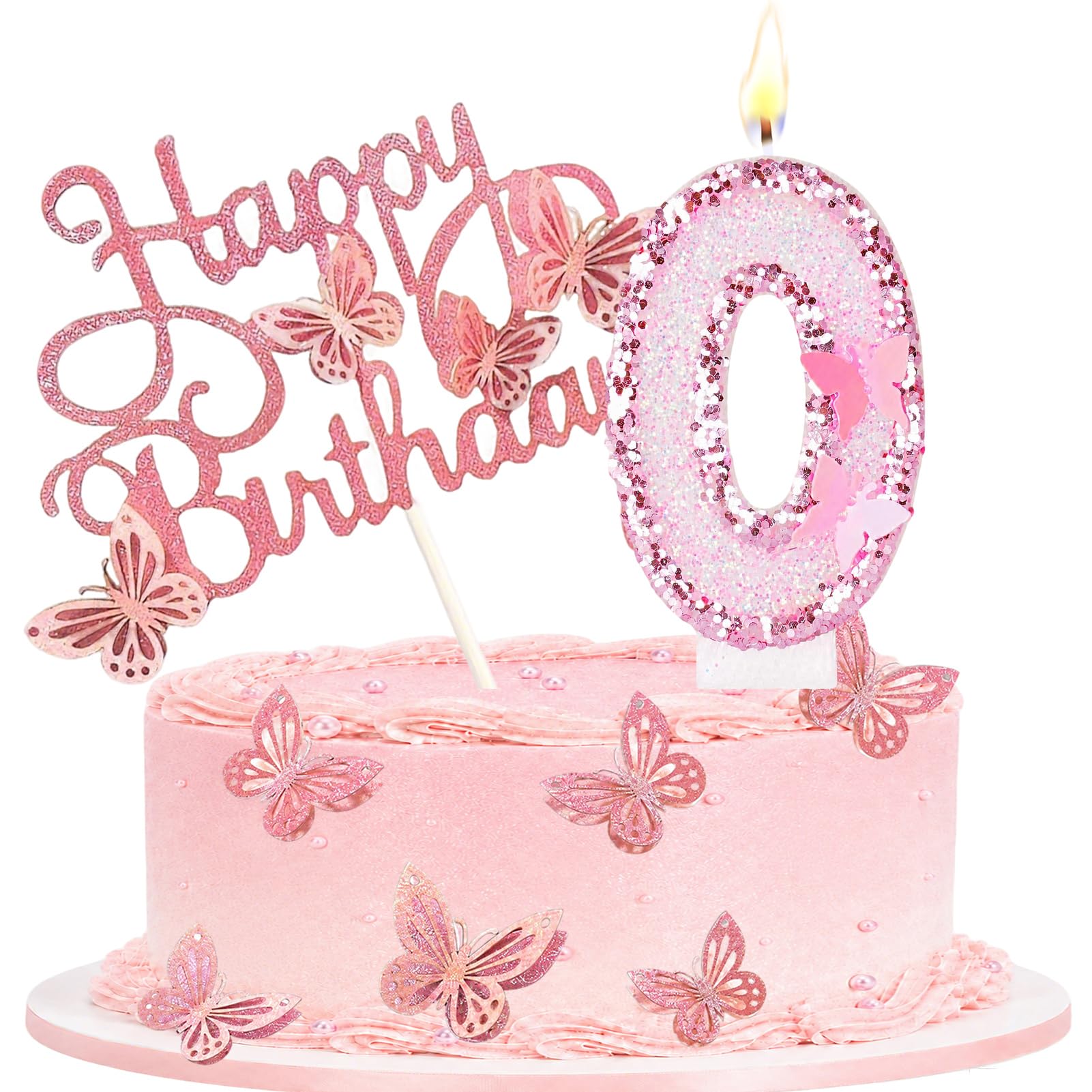 Birthday Candle with Pink Butterfly Cake Topper for Party, Number 0 โ image 1