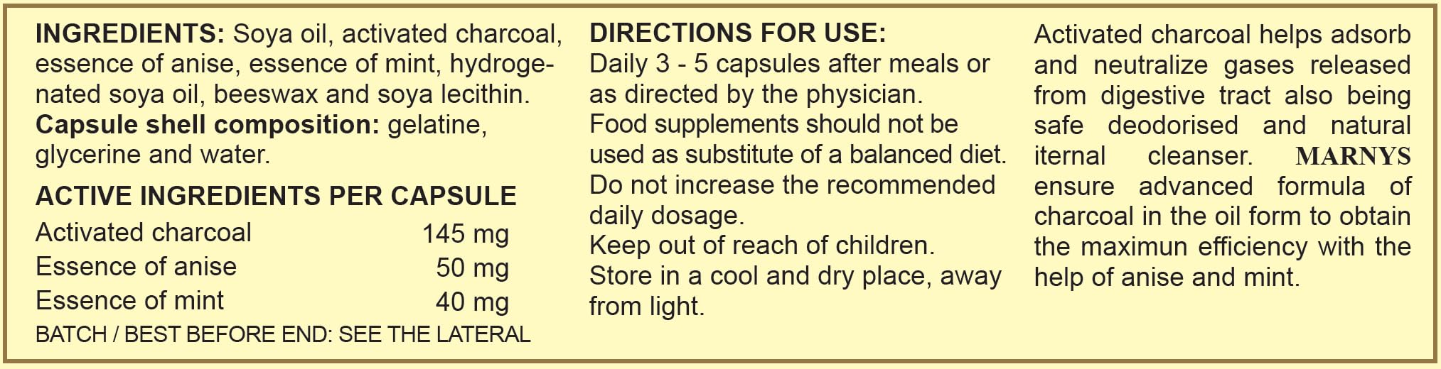 MARNYS Acticol Activated Charcoal Capsules, Pack of 30, Vegetable Activated Charcoal Food Supplement to Help Reduce Excessive Flatulence & Bloating After Eating, Travel-Friendly Size