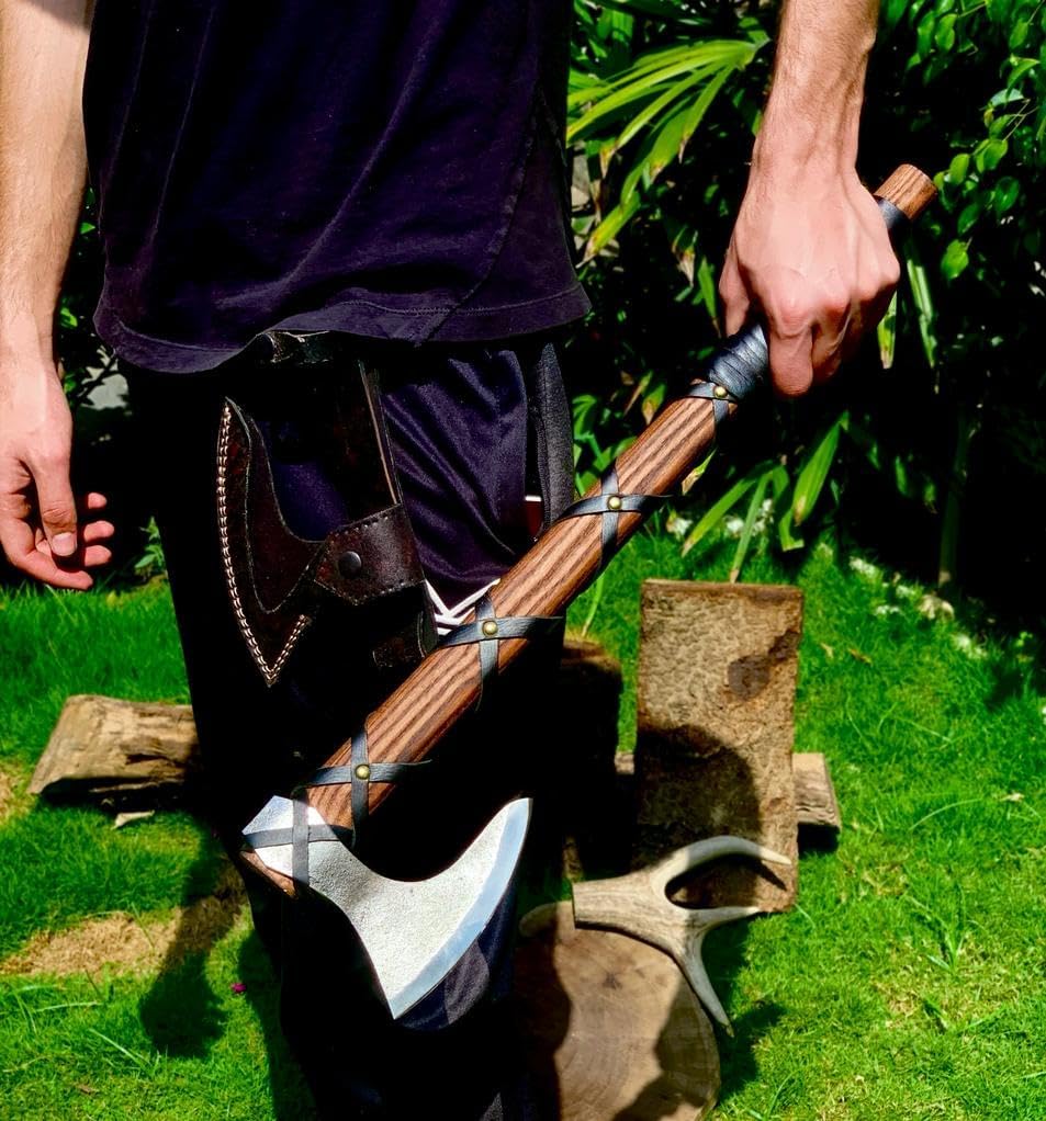 22-Inch Hand-Forged Viking Axe with Sheath, Hatchet with Sheath, Gift for Men, Survival Axe, Viking Bearded Camping Axe, Ragnar Lothbrok Axe, Viking Knives, Best Gift Axe (Brown)