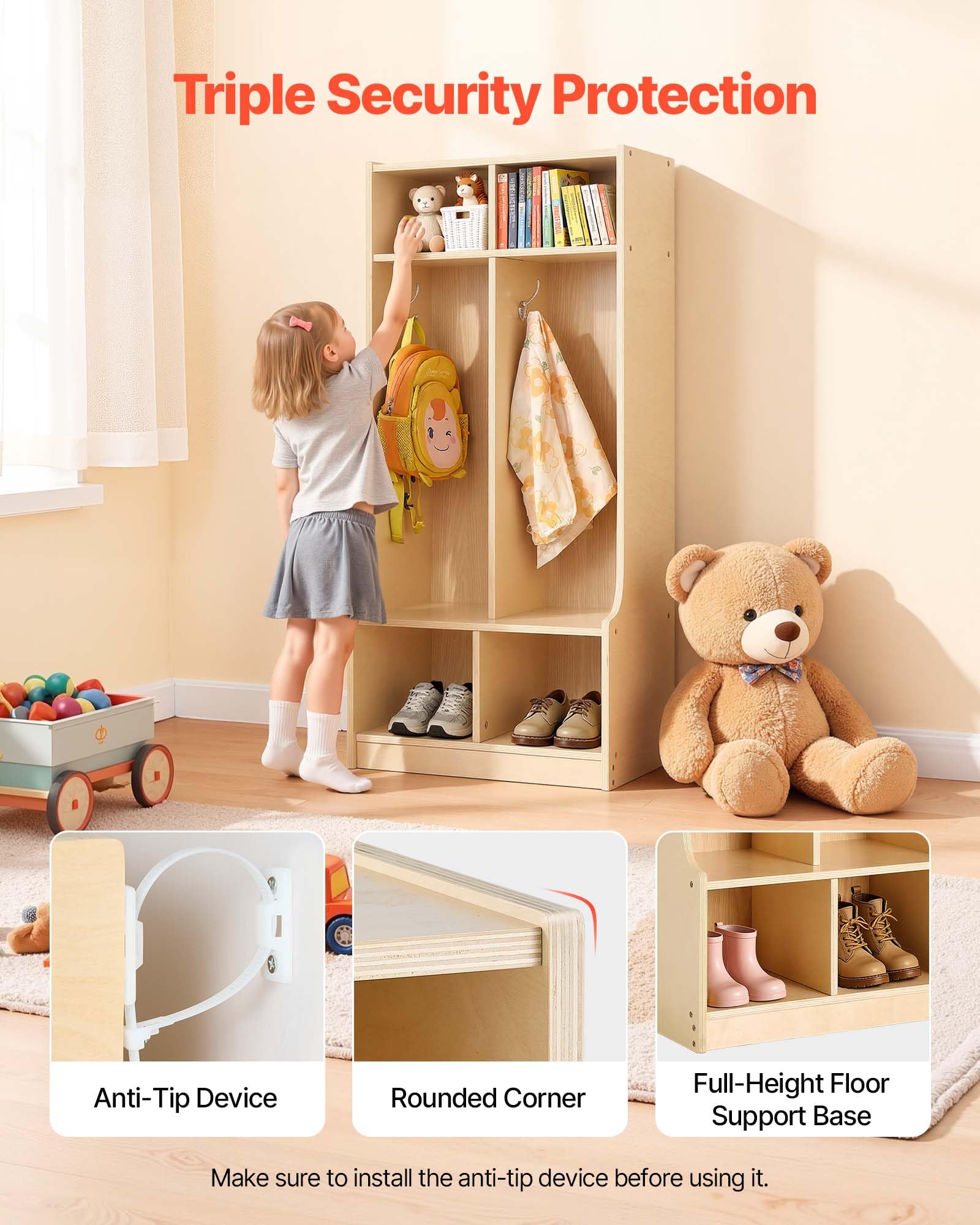 VEVOR Vestiaire 2 Enfants Ouvert, Penderie pour Enfants en Bois, Rangement pour Crèche Maternelle Garderie Maison, Meuble d'accueil Scolaire avec Casiers à Manteaux et à Chaussures, Cases Supérieures