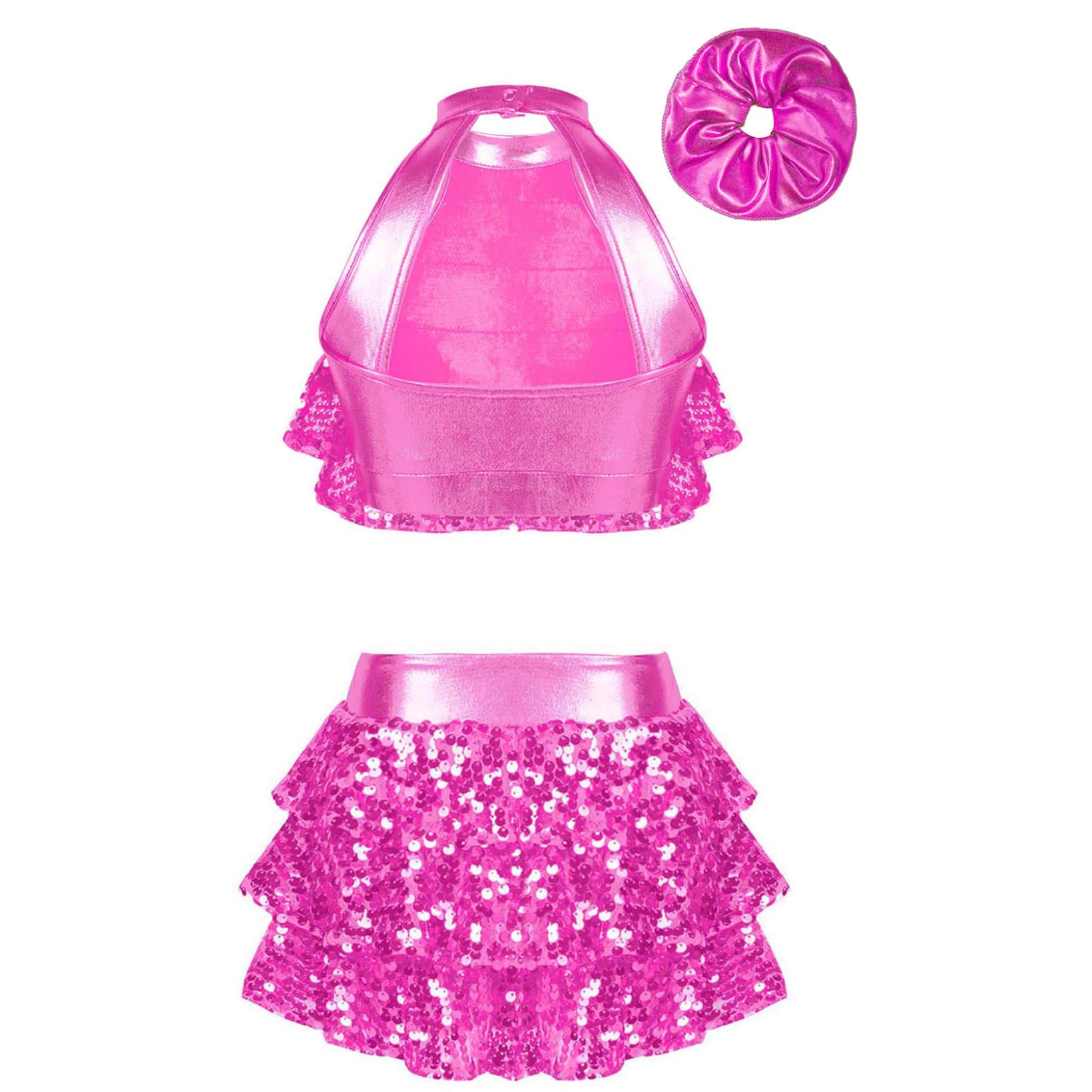 JanJean Kids Girls Sparkle Metallic Crop Top with Skirted Hair Band for Hip Hop Jazz Street Dance Competition Hot Pink 9-10 Years