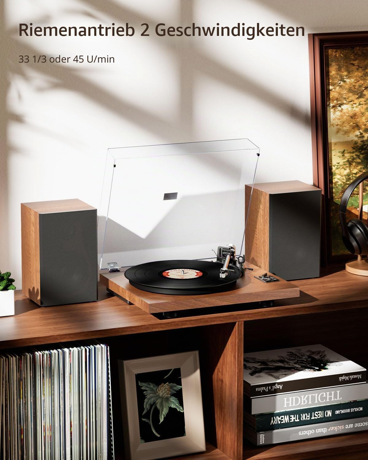 1 by ONE HiFi Bluetooth Plattenspieler mit USB-Anschluss MM System 33/45 U/min Auto-Stopp und Phono-Vorverstärker Riemenantrieb Vinyl Record Player mit 2 Lautsprechern