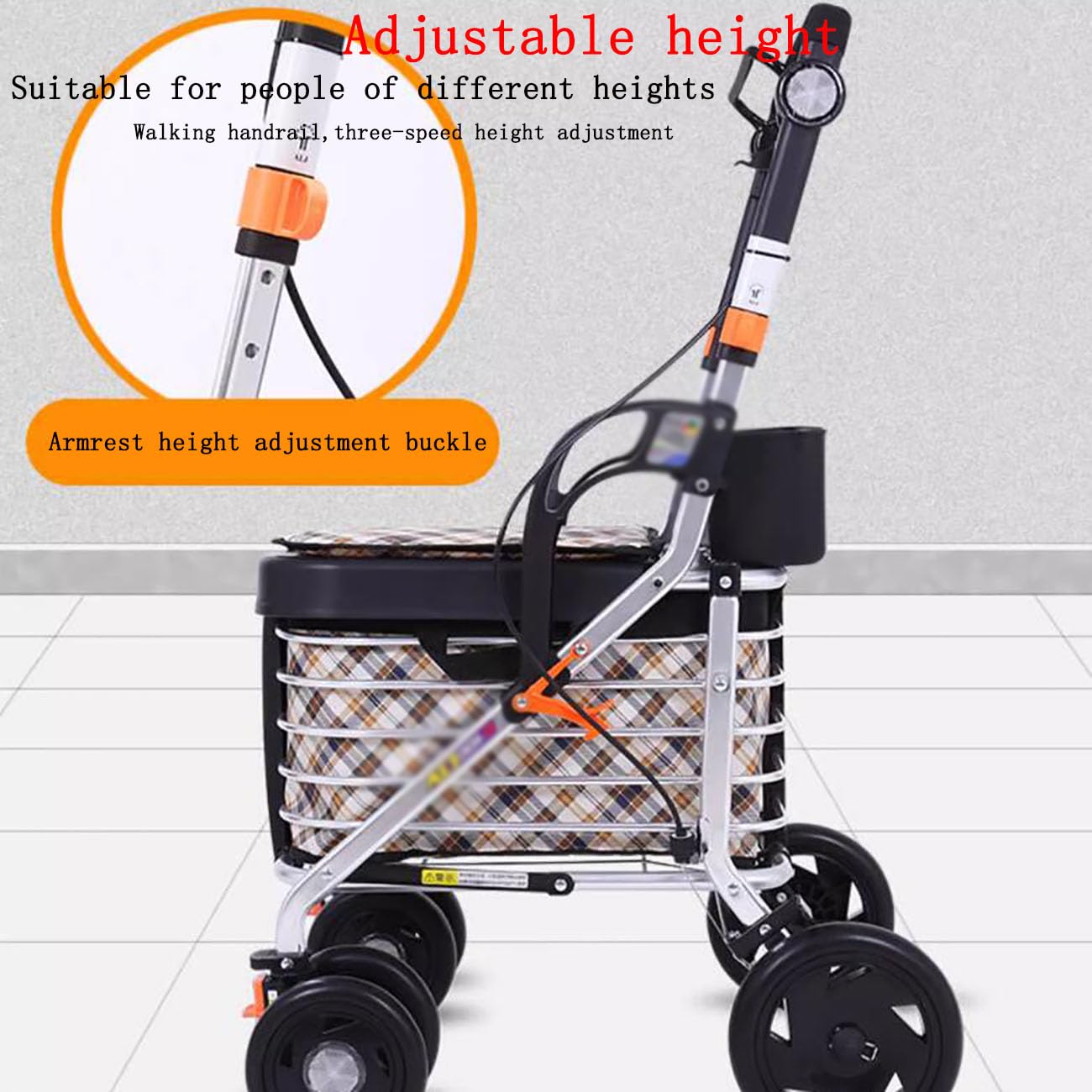 ICEMOB Carro De La Compra Y Andador con Asiento para Ancianos,Carrito Plegable para Supermercado De 4 Ruedas,Reposabrazos Ajustable En Tres Niveles,Caminadores Portátil,Aluminio