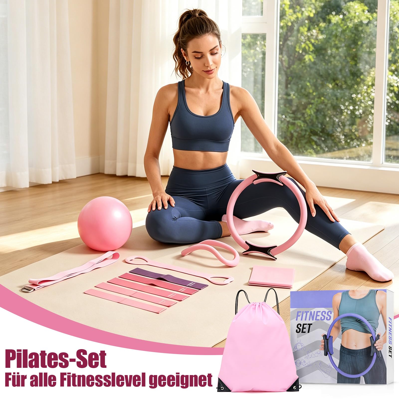 Pilates Set, Pilates Ring Zubehör Set 13 Stück mit 13" Ring, 10" Ball,Fitnessbänder & Zubehör,Pilates Socken und Tragbarer Tasche,Home Pilates Essential Kit für Frauen,Yoga Set,Pilates Set für Zuhause