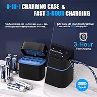 Vista 6 de Maxfree Baterías recargables AA de litio con cargador, paquete de 8 unidades de 1.5V 3600mWh, baterías dobles A de larga duración con pantalla LED