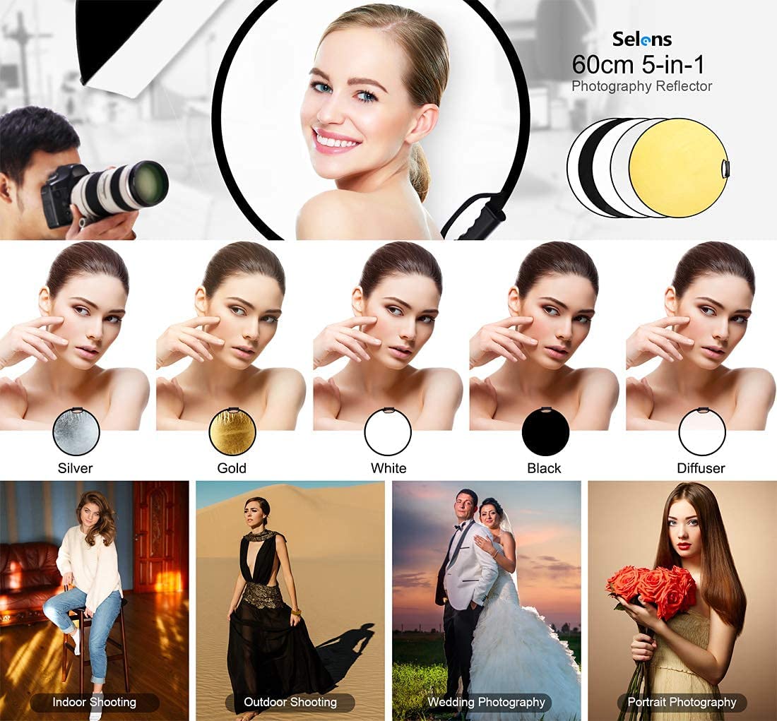 Selens 5-in-1 60cm Rund Reflektor Tragbarer Faltbarer für Fotografie Fotostudio Beleuchtung und Außenbeleuchtung