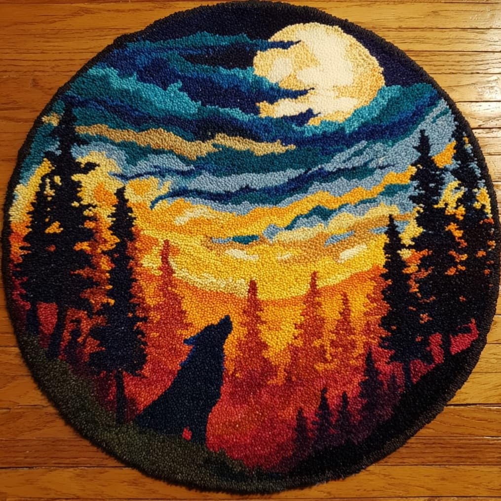 kitphoenix Round Shape Latch Hook Kits Rug The Forest Wolf and The Moon At Night DIY Cushion Rug Carpet Making Crochet Hook Kits Preprinted Pattern Canvas Cushion Yarn Hooking Kits Mat Kits 50X50Cm
