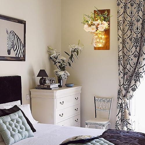 Miniatura 3 de Apliques de pared rústicos con diseño de tarro de masón hechos a mano diseño colgante con control remoto luces LED de hadas y peonía blanca