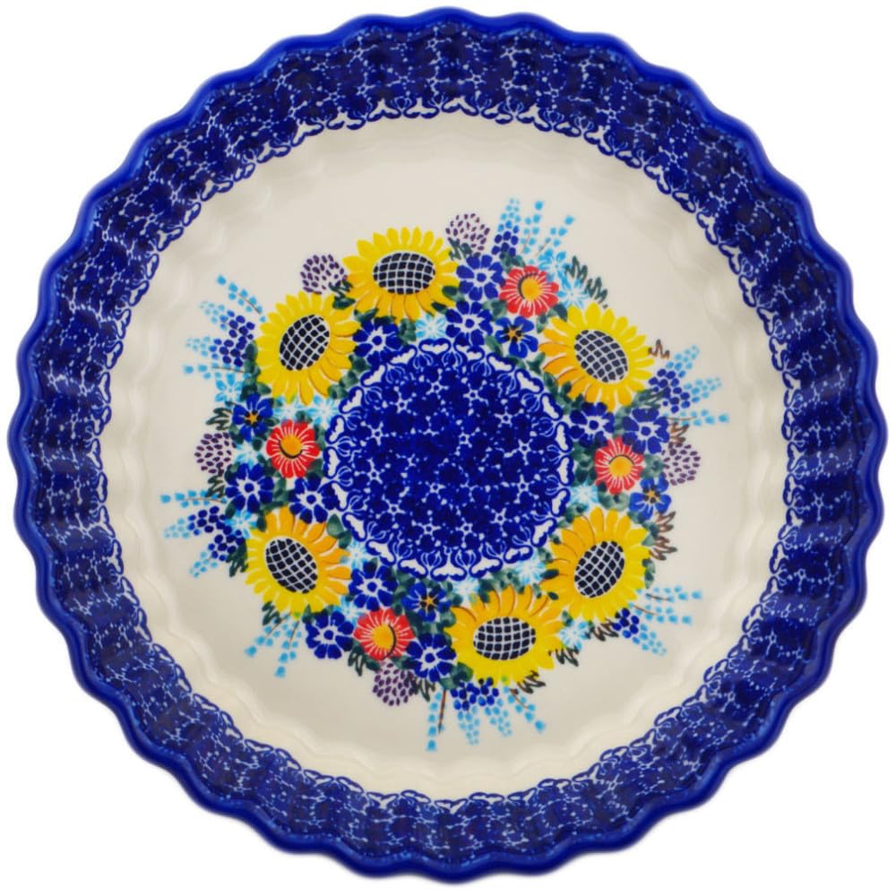 Authentic Polish Pottery Fluted Pie Dish Signature UNIKAT in Sunflower Design Handmade in Boles?awiec Poland by Ceramika Dalia + Certificate of Authenticity