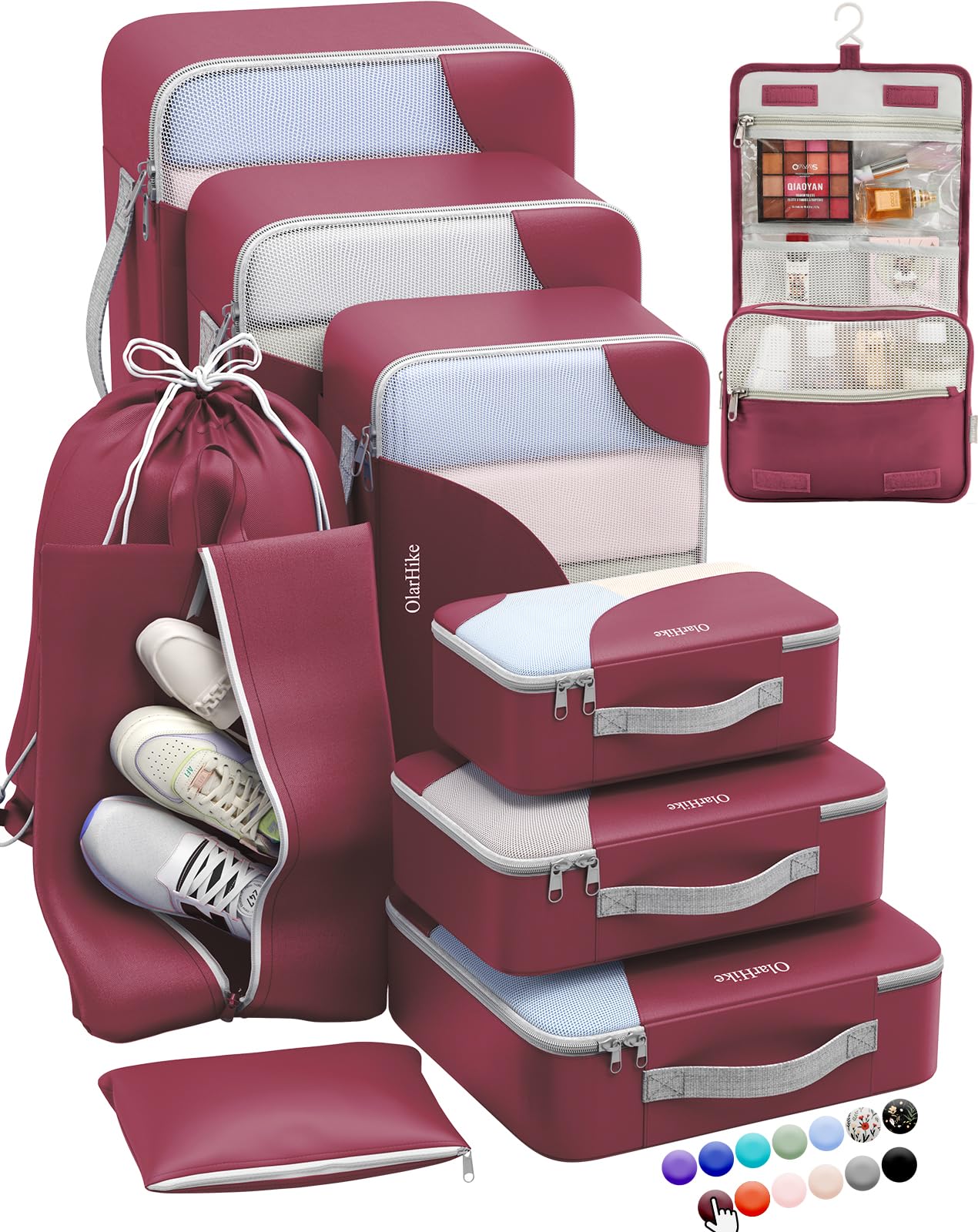 OlarHike Compression Packing Cubes Garment Bags,10 Set,Burgundy