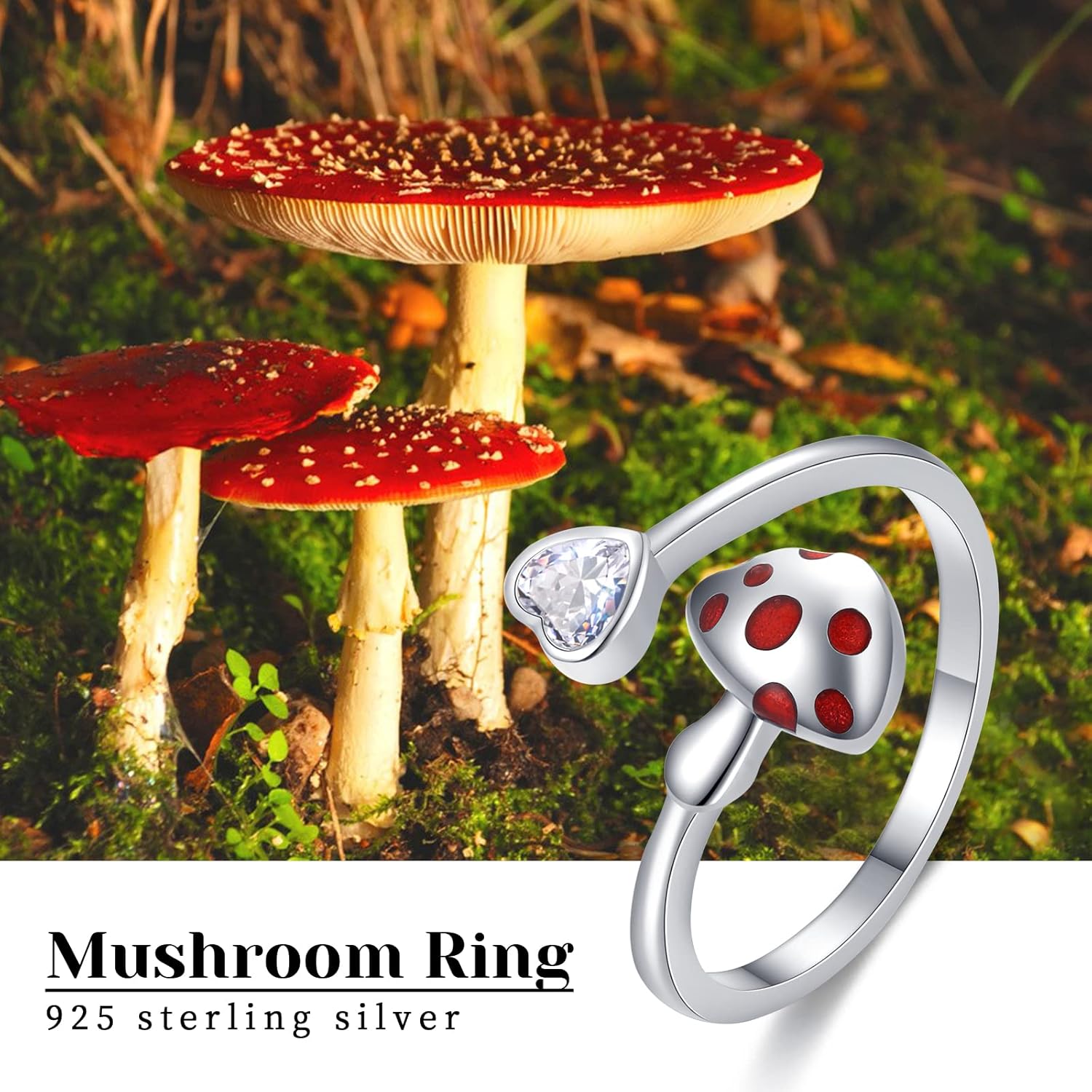 JUSTKIDSTOY Mushroom Ring for Women 925 Sterling Silver Mushroom Jewelry Adjustable Open Ring Mushroom Gift for Brithday Christmas Gifts - Image 6