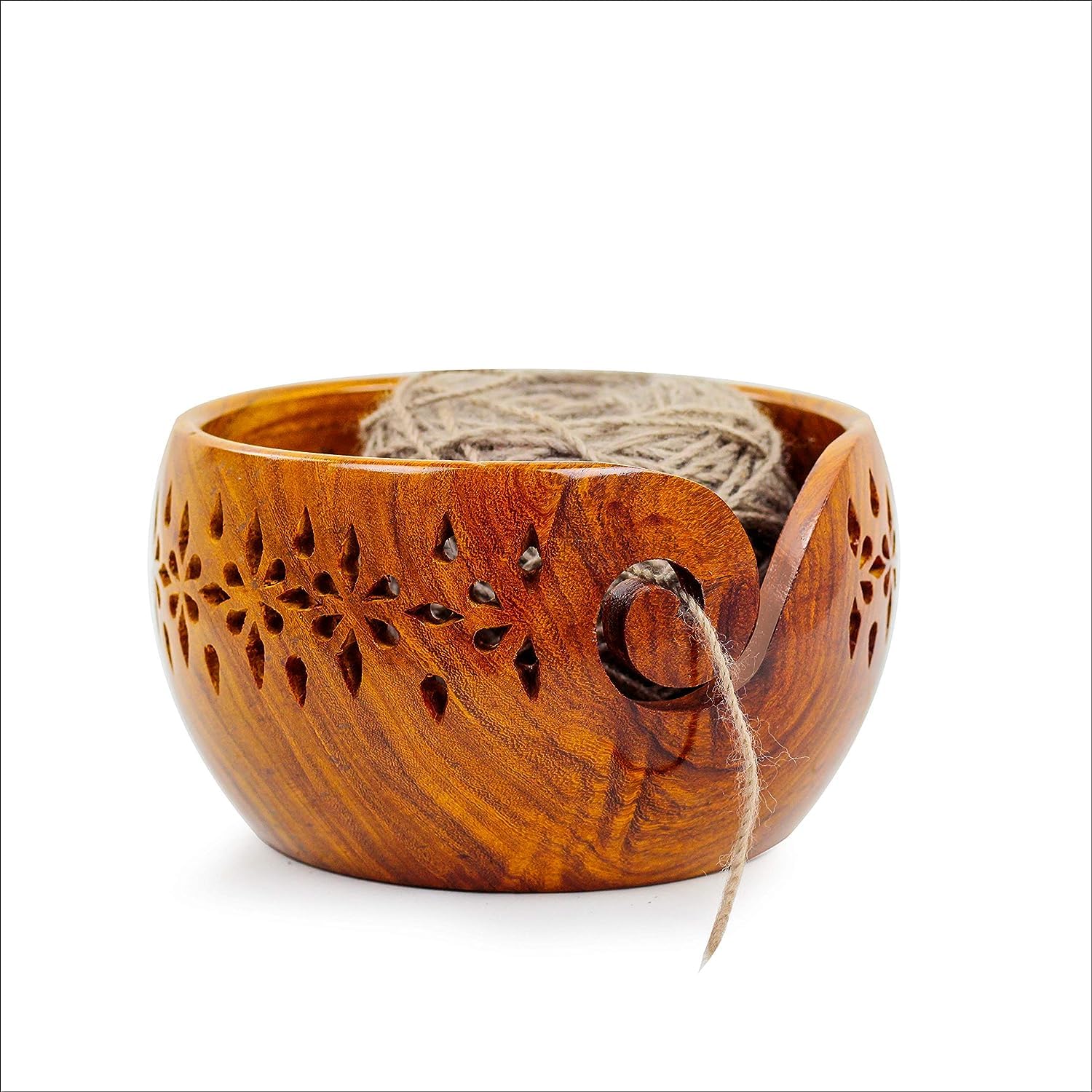 Nagina International Rosewood Yarn Storage Bowl - Large Hand Carved Knitting & Crochet Bowl