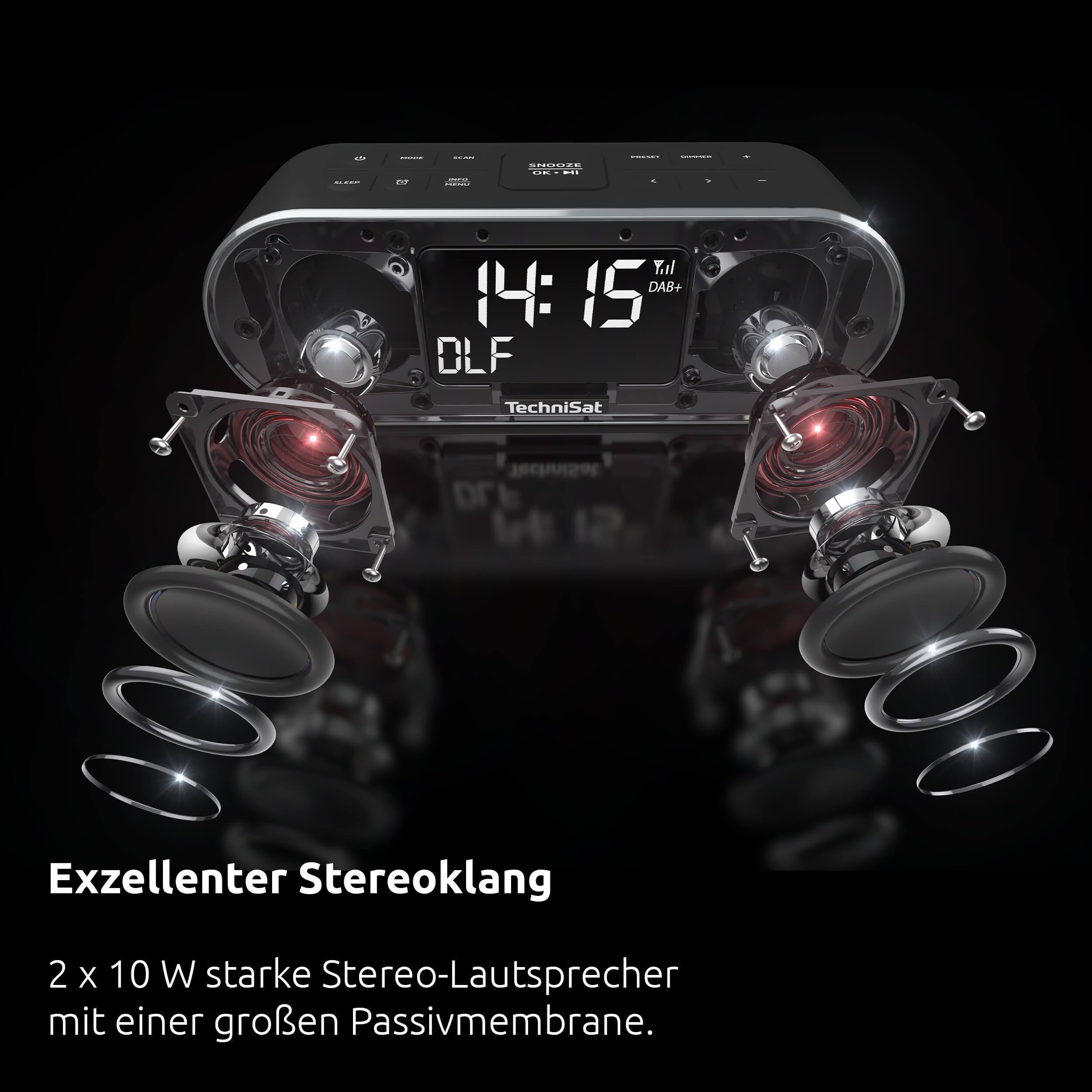 TechniSat DIGITRADIO 53 BT – Wecker, Bluetooth Lautsprecher, DAB+ Radio | DAB, UKW, FM, Sleeptimer, Snooze, Lichtsensor, Doppelarlarm, Bluetooth-Audiostreaming, USB-Ladefunktion, 20 Watt, Schwarz