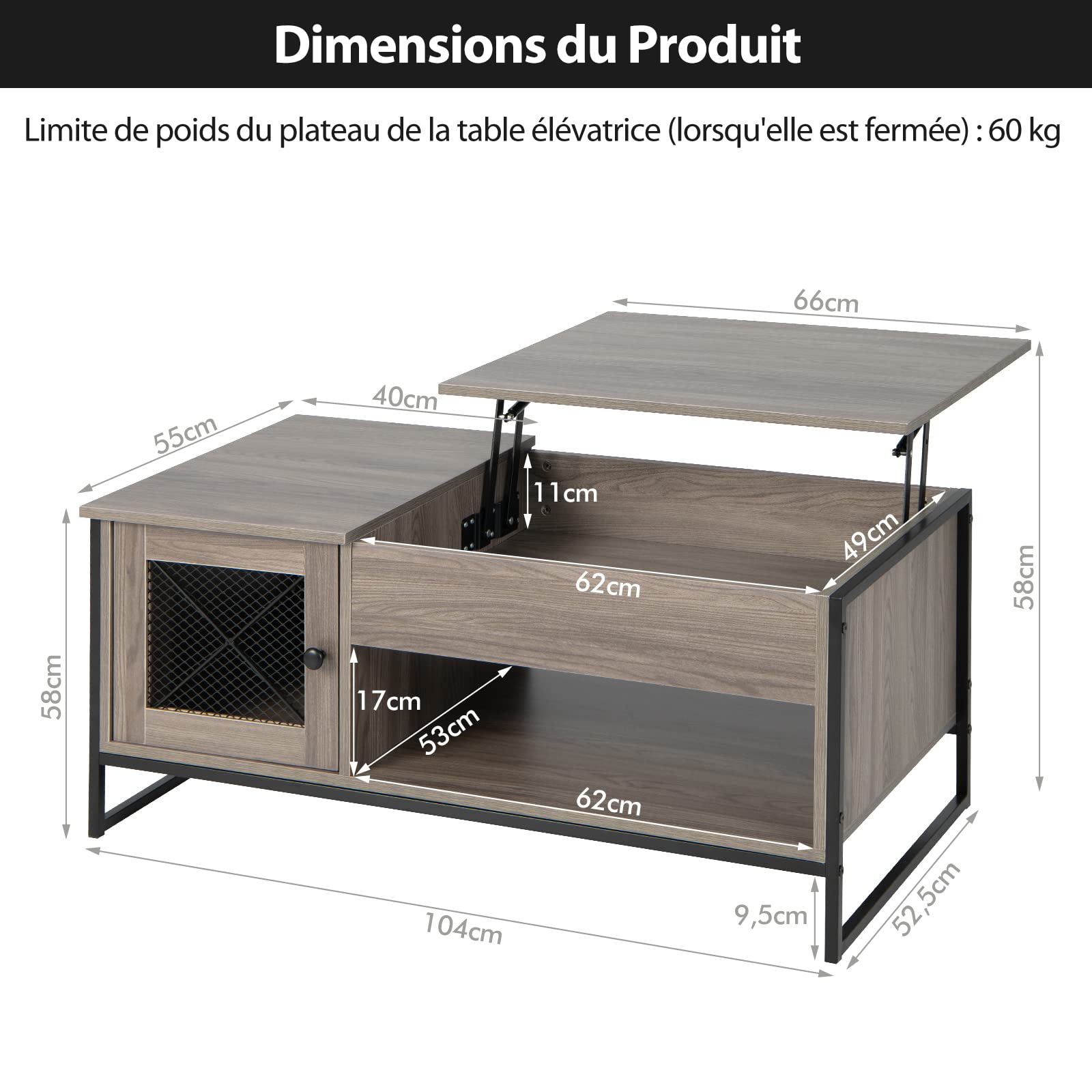 COSTWAY Table Basse Relevable avec Compartiment Ouvert et Placard 2 Portes