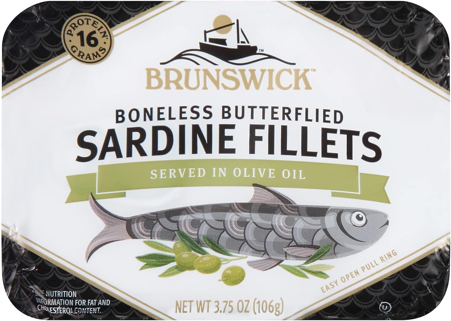 Brunswick Sardines in Olive Oil, 3.75 oz Can - Boneless Butterflied Sardine Fillets - Wild Caught - 17g Protein per Serving - Gluten Free, Keto Friendly